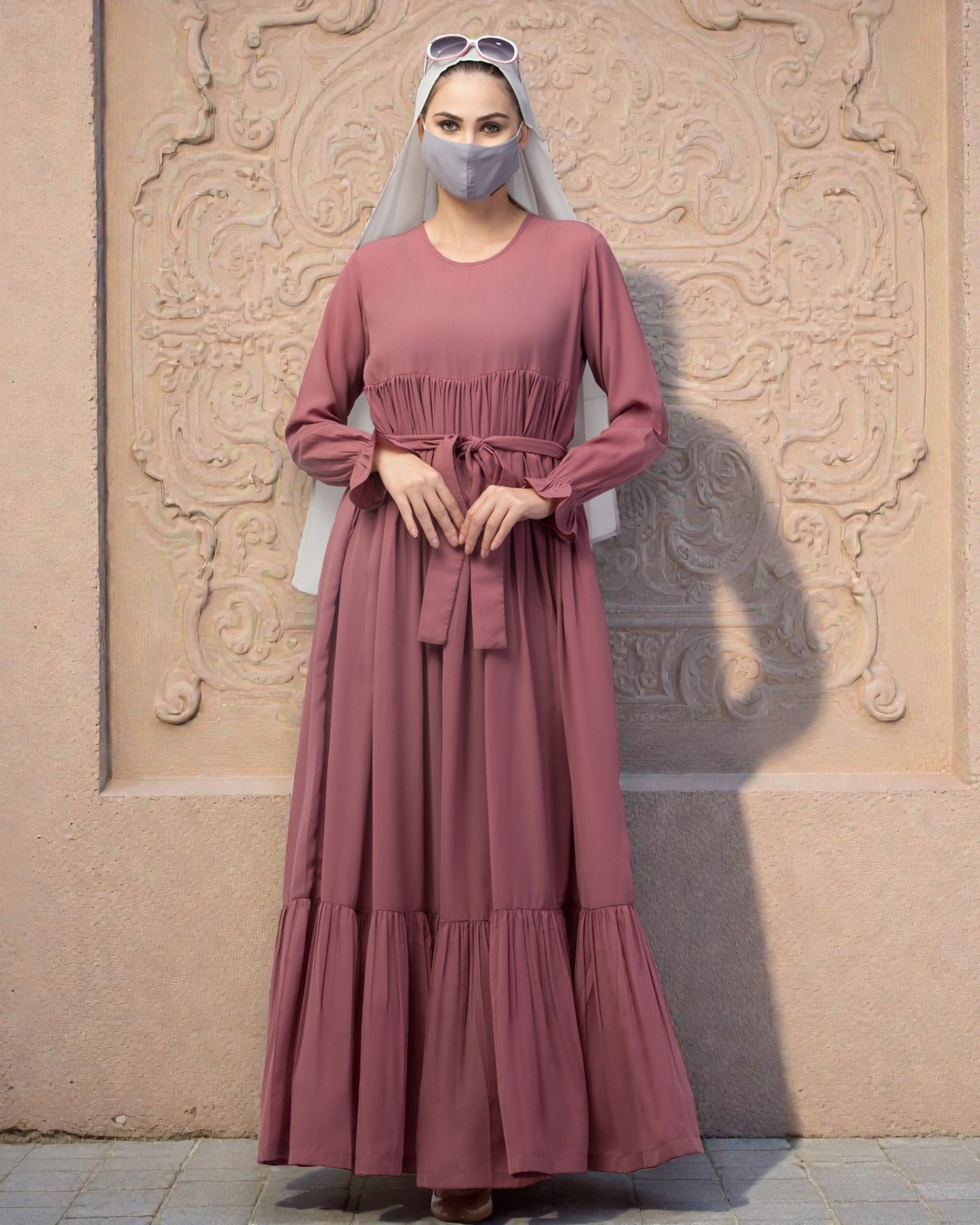 Multi Layered Maxi Dress With Belt & Elasticated Bell Sleeves