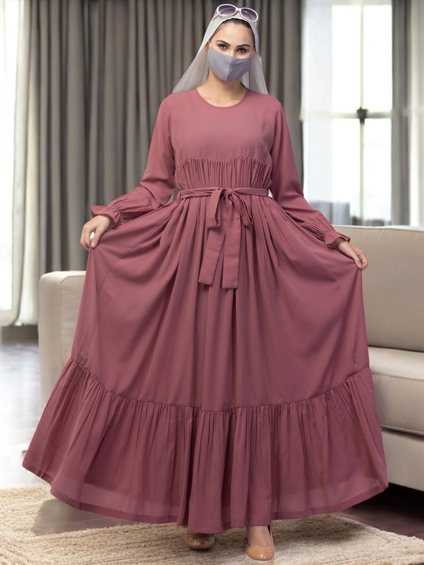 Multi Layered Abaya Dress With Belt & Elasticated Bell Sleeves
