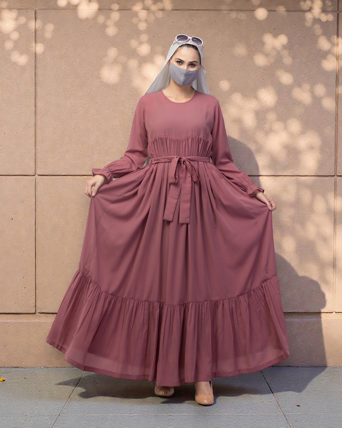 Multi Layered Maxi Dress With Belt & Elasticated Bell Sleeves