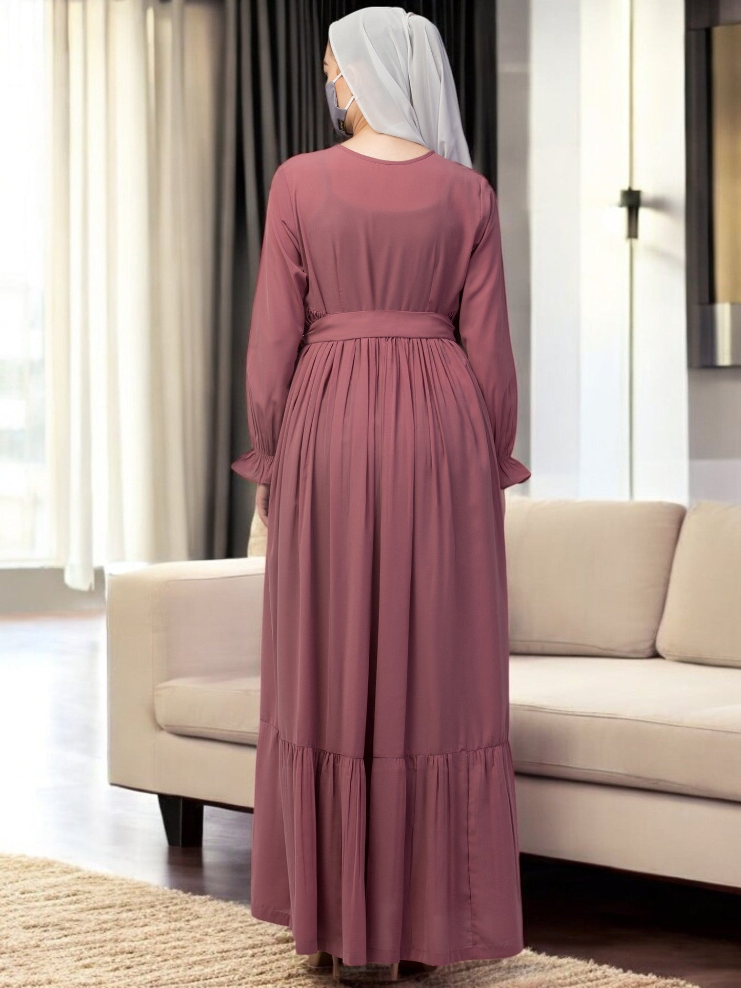 Multi Layered Abaya Dress With Belt & Elasticated Bell Sleeves