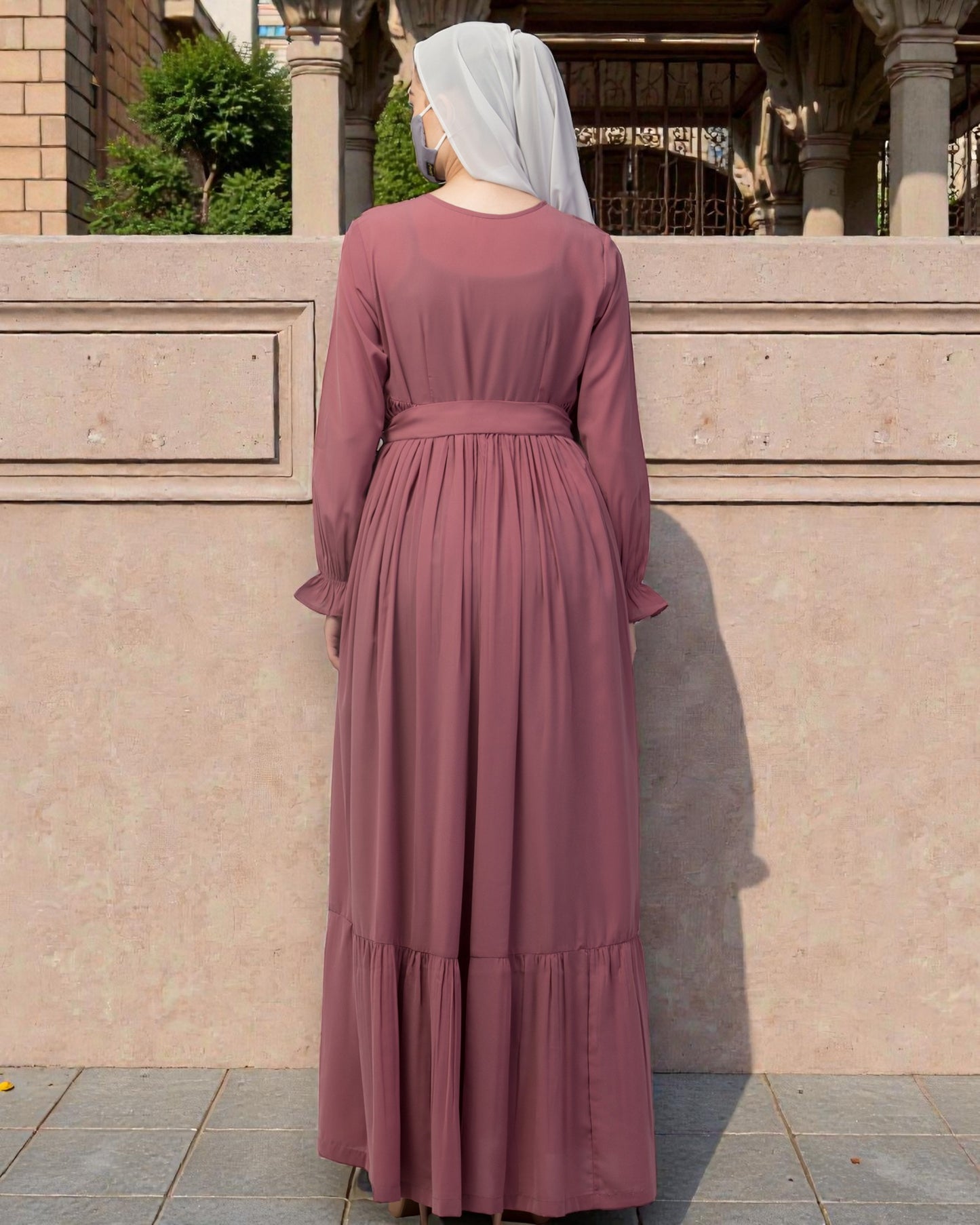 Multi Layered Maxi Dress With Belt & Elasticated Bell Sleeves