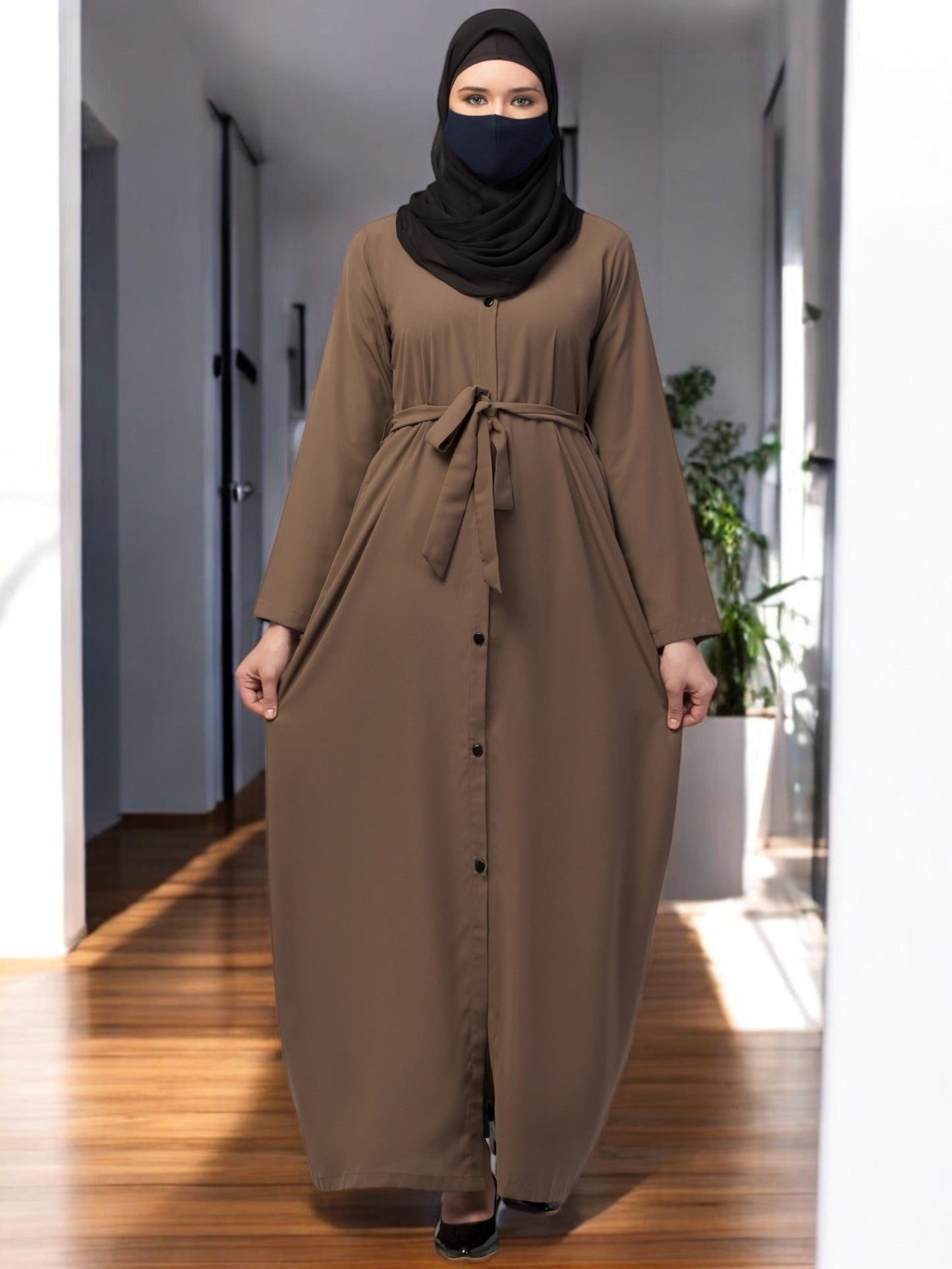 Front Open Abaya With Matching Fabric Belt