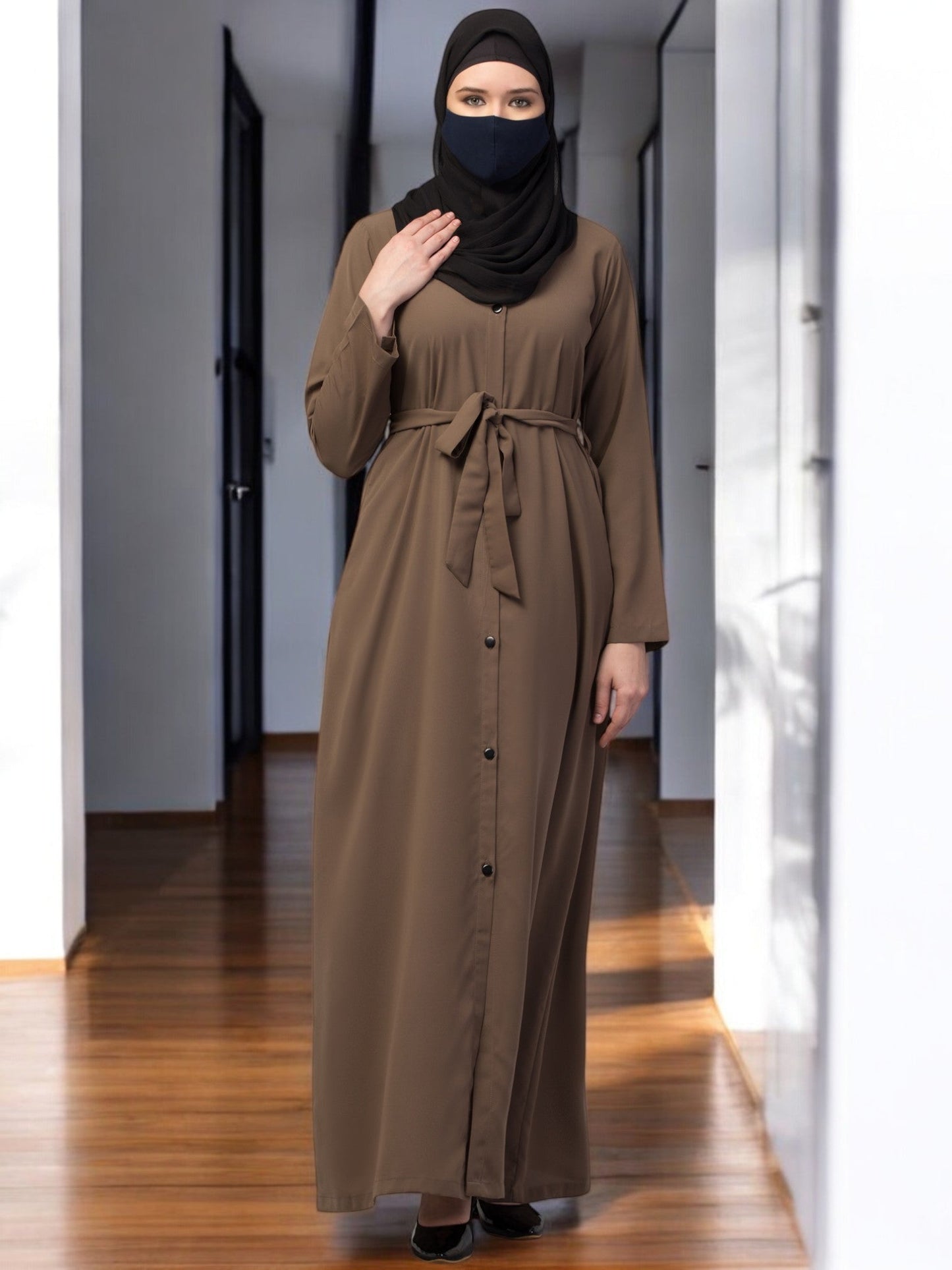 Front Open Abaya With Matching Fabric Belt