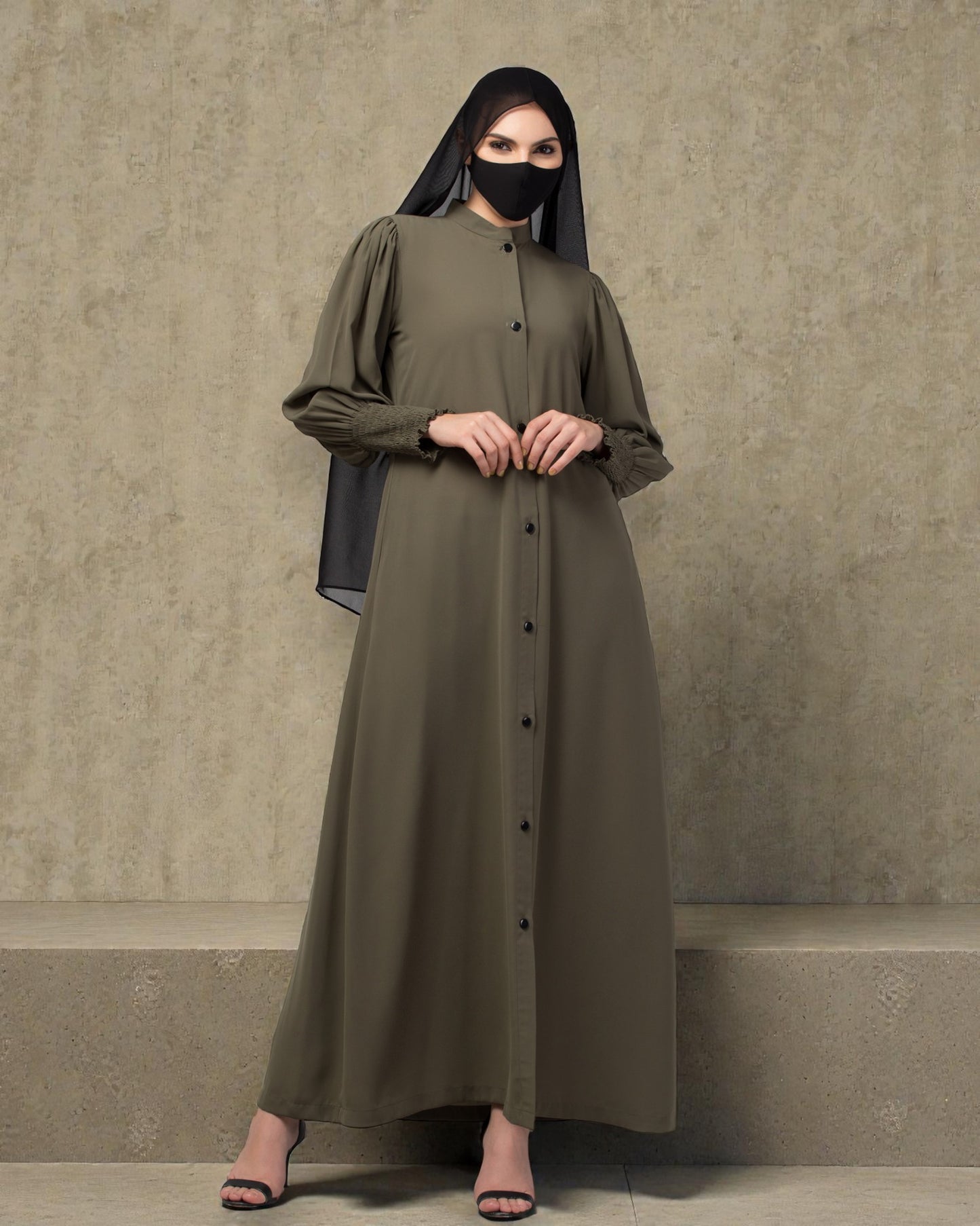 "Designer Front Open Abaya: Firdaus Fabric with Puffy Shoulders and Mandarin Collar"