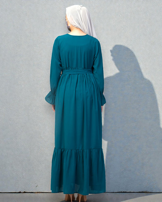 Multi Layered Maxi Dress With Belt & Elasticated Bell Sleeves