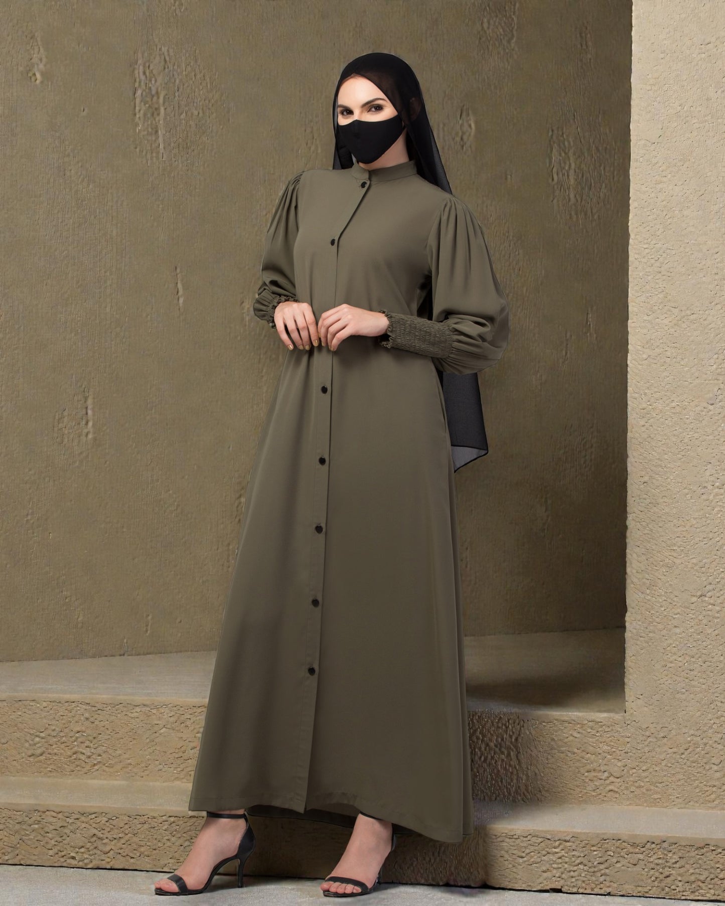 "Designer Front Open Abaya: Firdaus Fabric with Puffy Shoulders and Mandarin Collar"