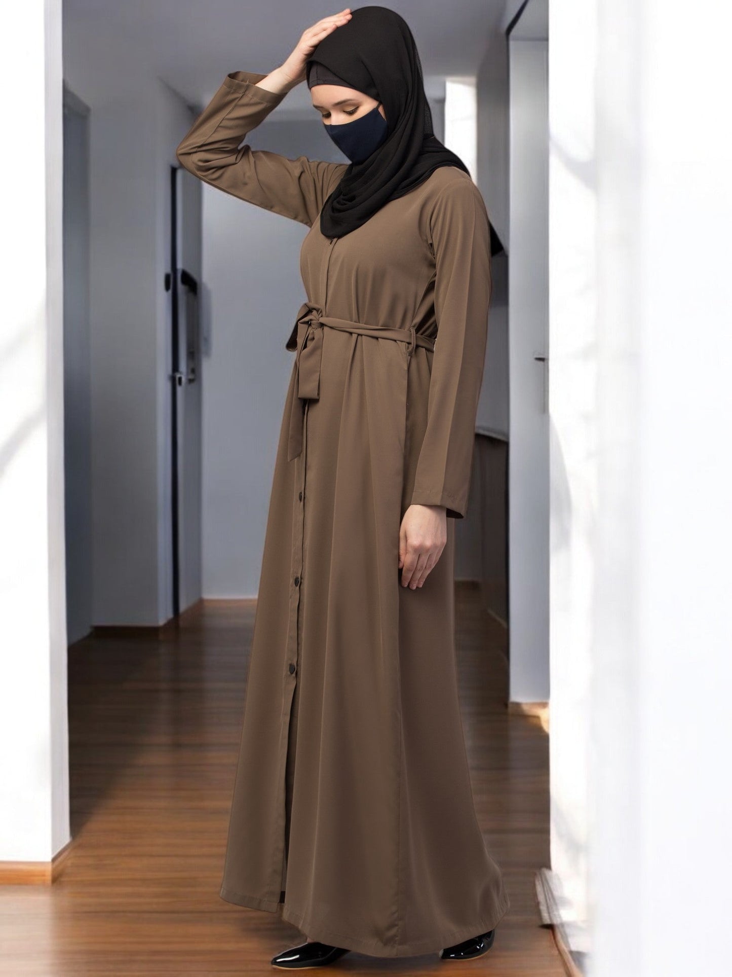 Front Open Abaya With Matching Fabric Belt