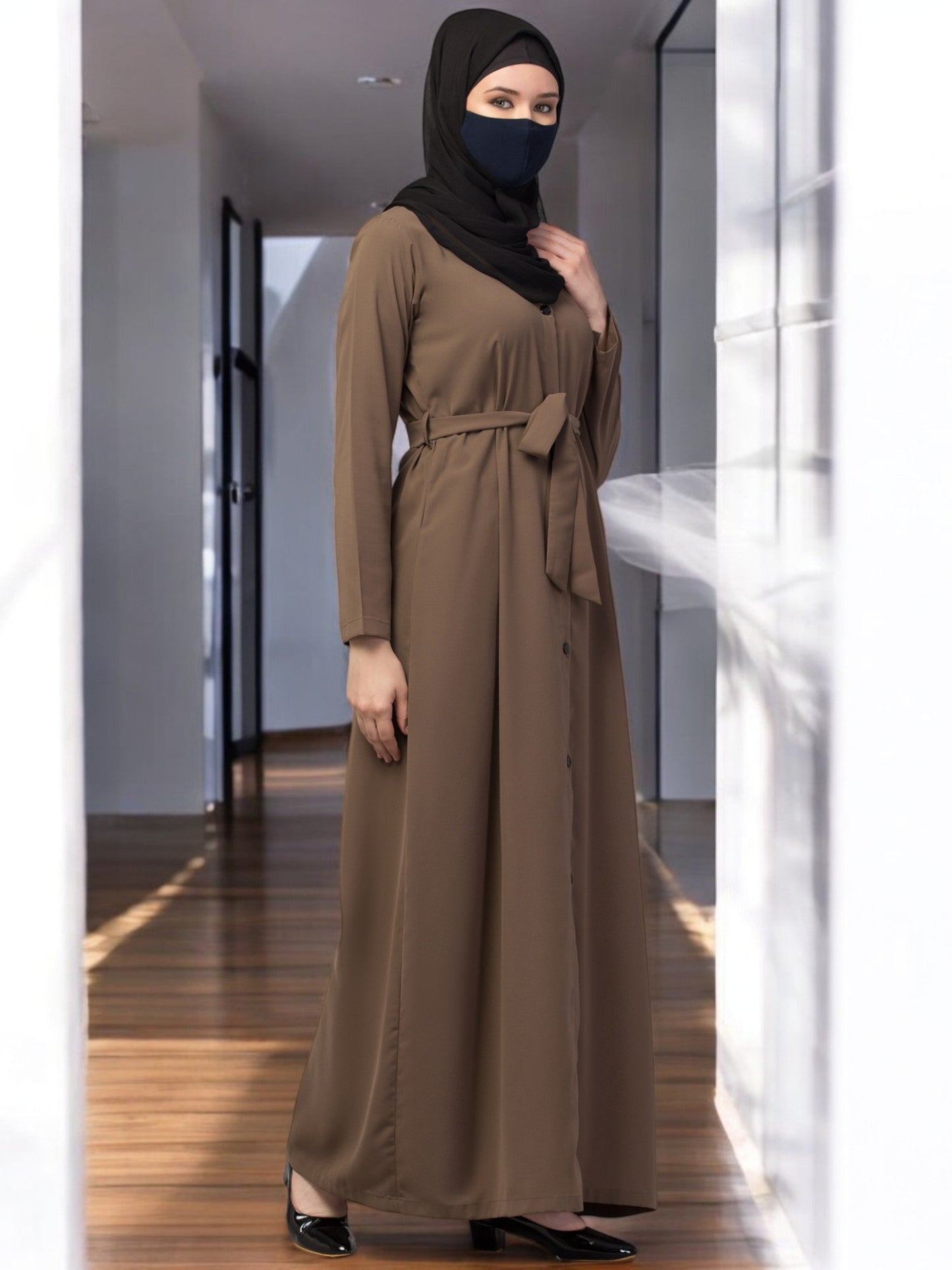 Front Open Abaya With Matching Fabric Belt