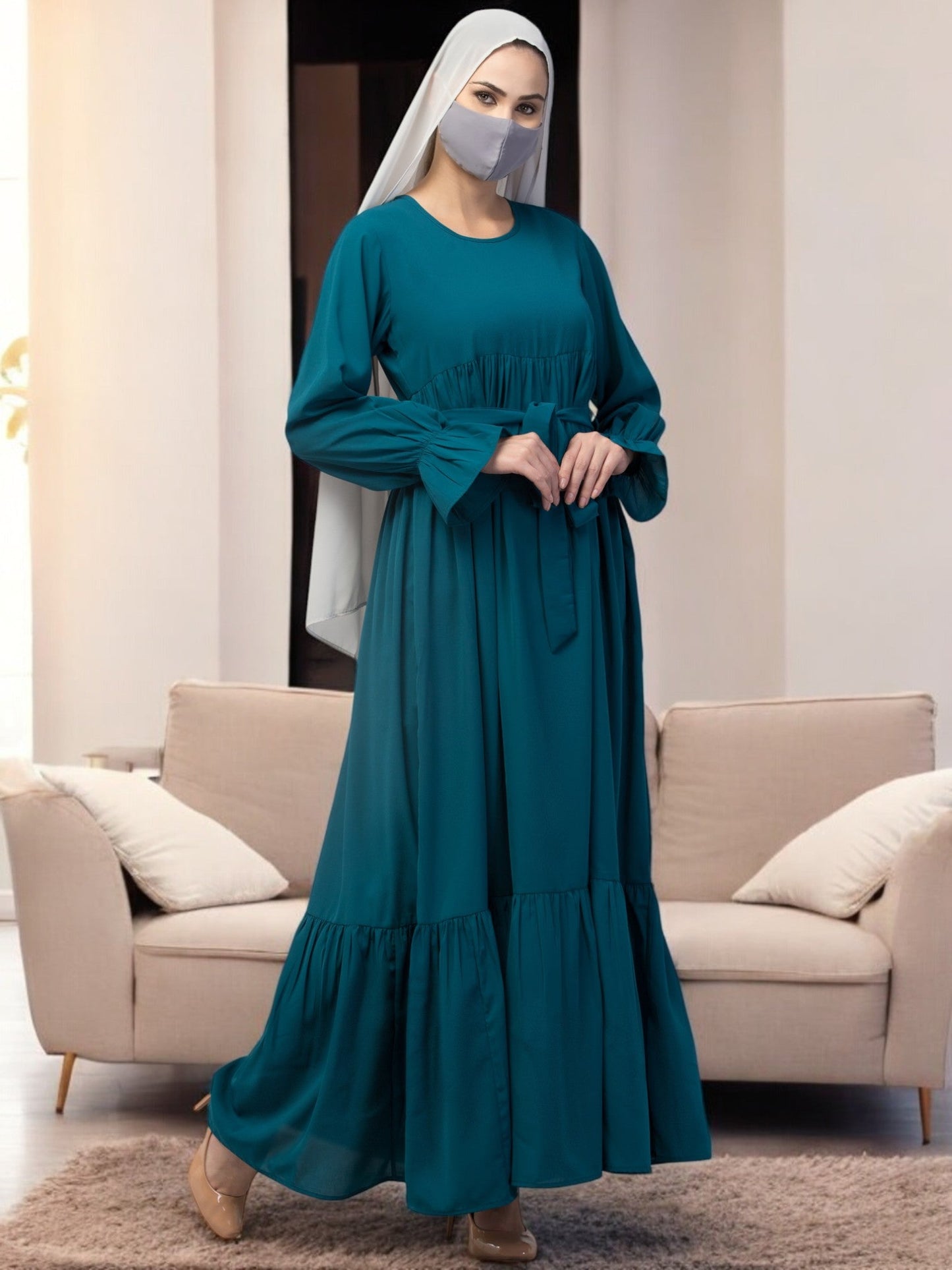 Multi Layered Abaya Dress With Belt & Elasticated Bell Sleeves