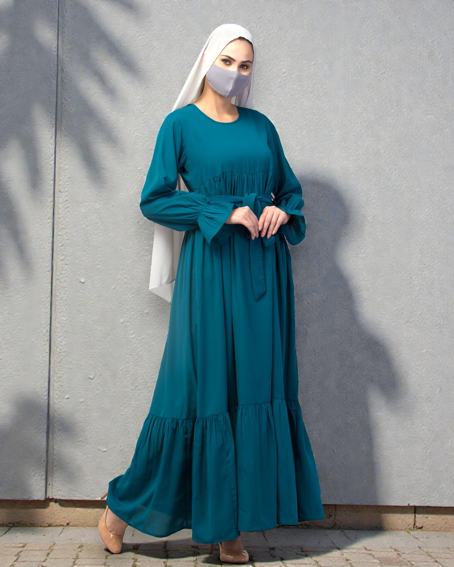 Multi Layered Maxi Dress With Belt & Elasticated Bell Sleeves