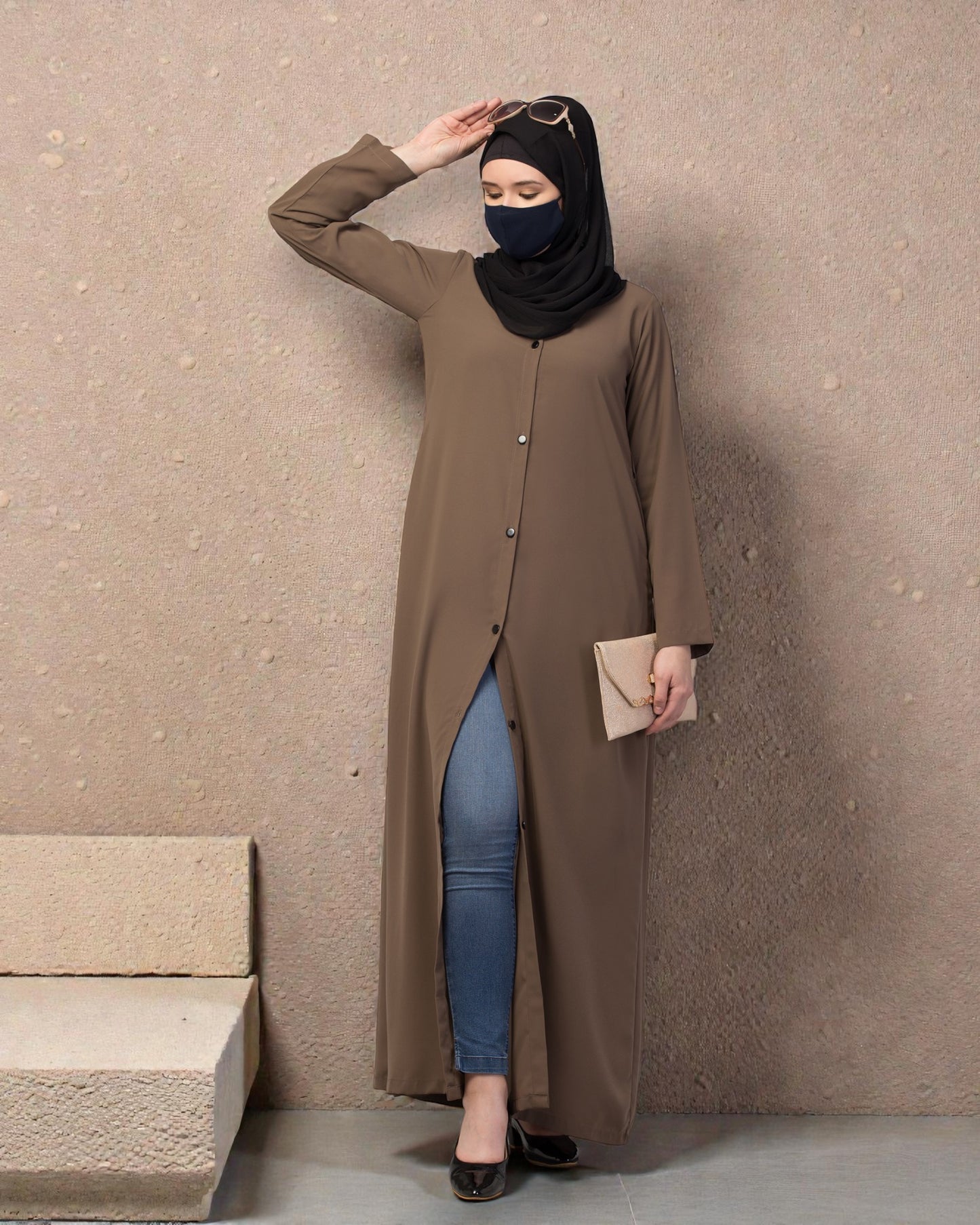 Front Open Abaya In Firdaus Fabric With Pockets & Matching Belt