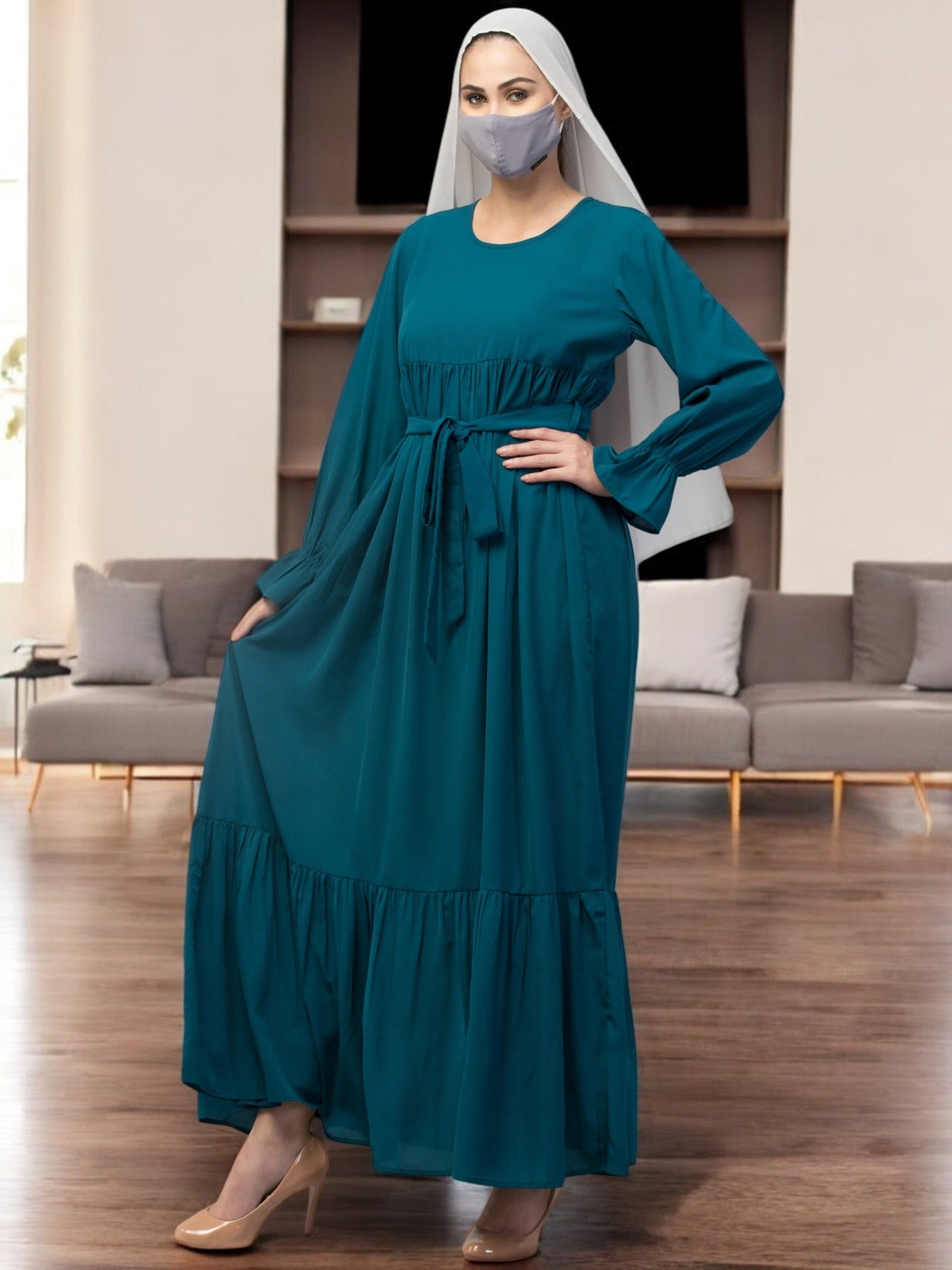 Multi Layered Abaya Dress With Belt & Elasticated Bell Sleeves