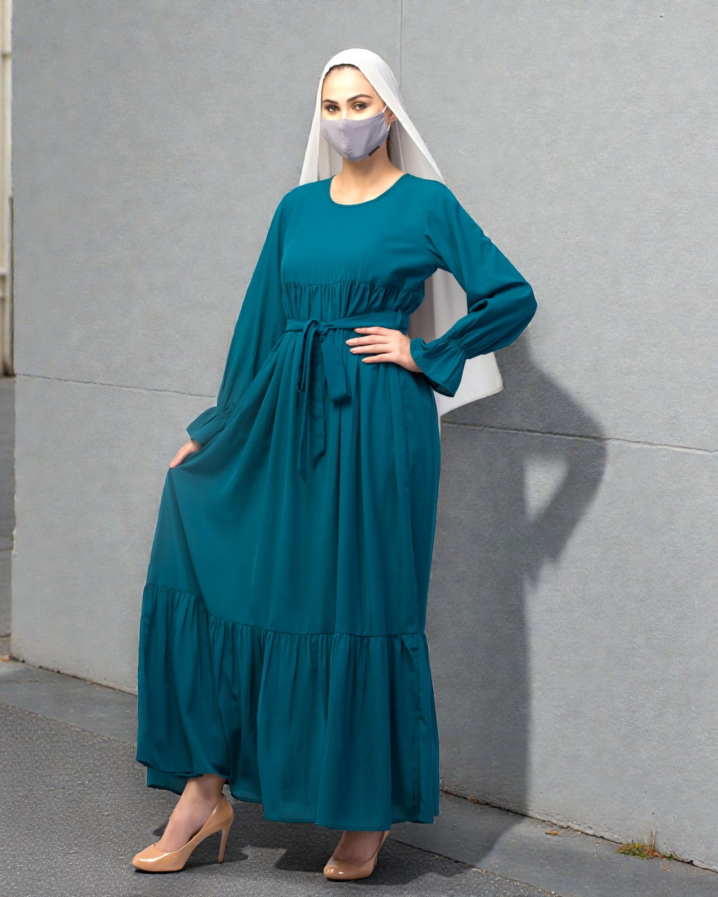 Multi Layered Maxi Dress With Belt & Elasticated Bell Sleeves