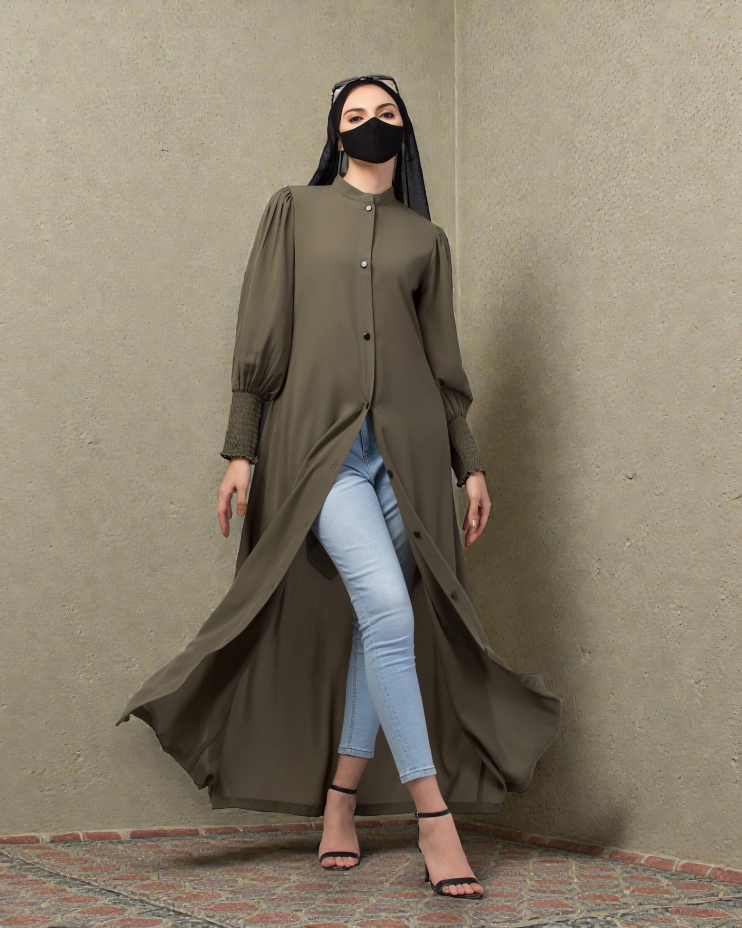 "Designer Front Open Abaya: Firdaus Fabric with Puffy Shoulders and Mandarin Collar"