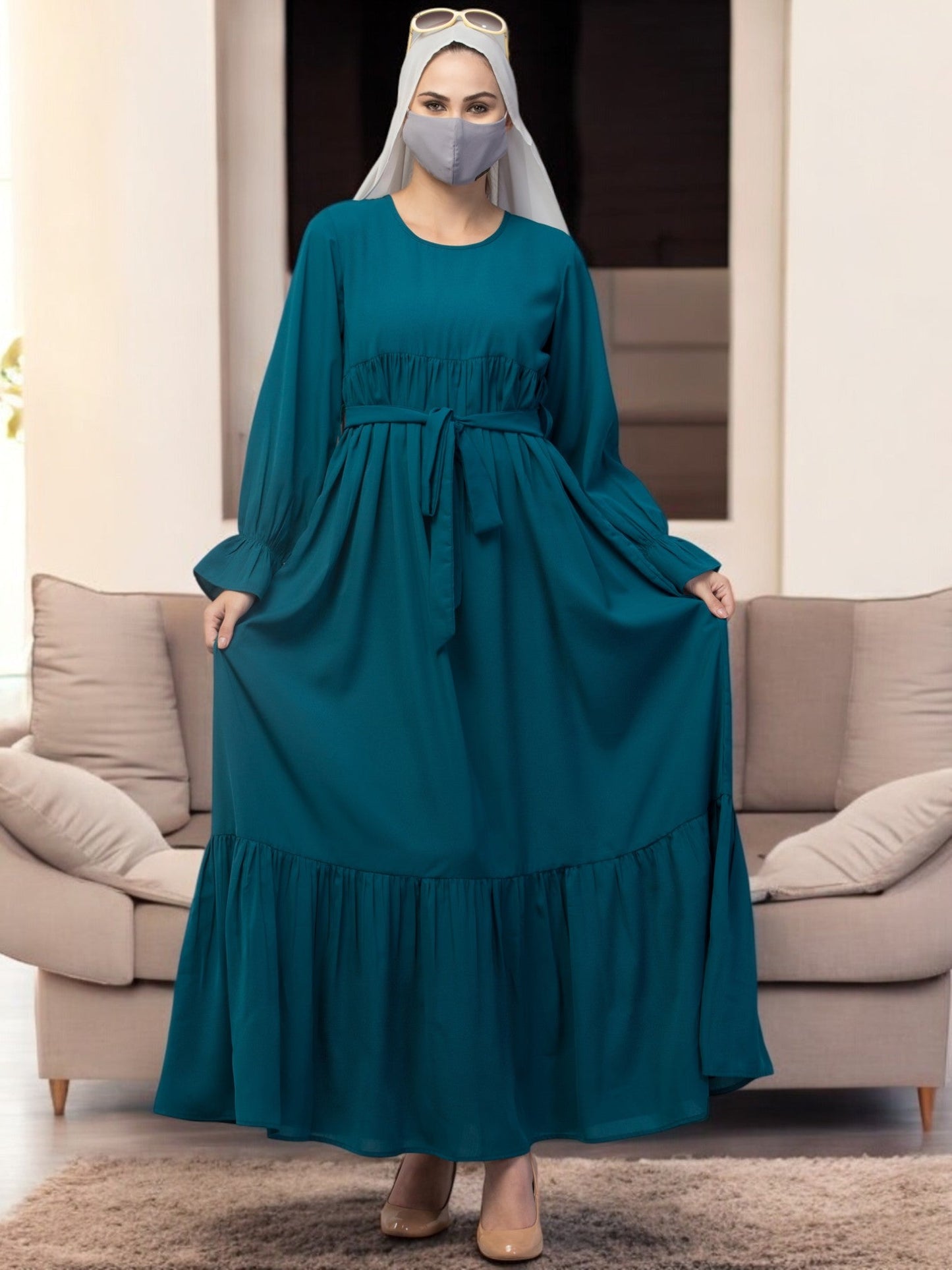 Multi Layered Abaya Dress With Belt & Elasticated Bell Sleeves