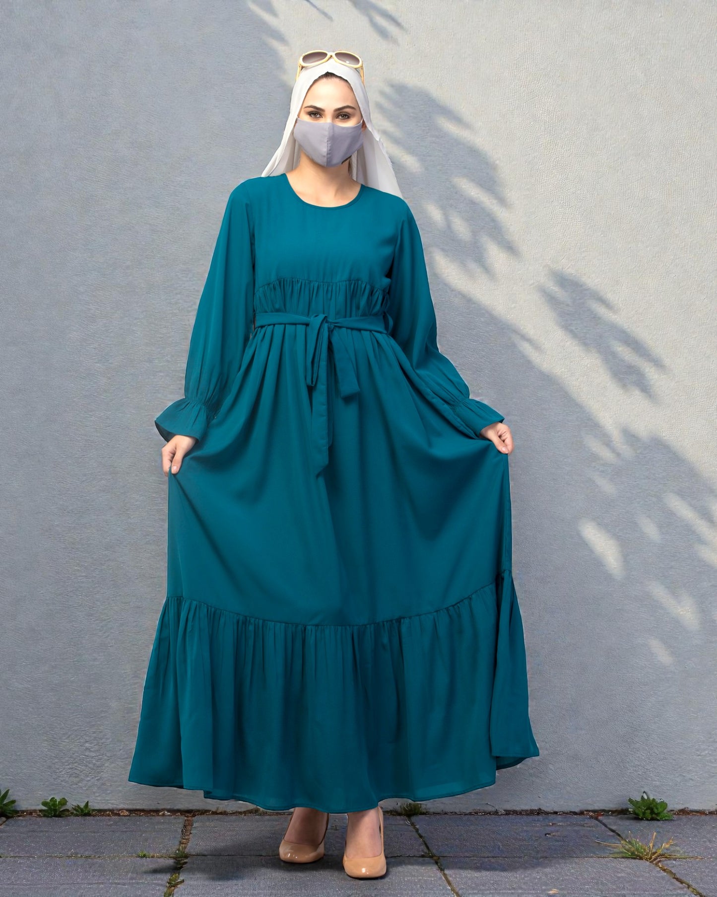 Multi Layered Maxi Dress With Belt & Elasticated Bell Sleeves