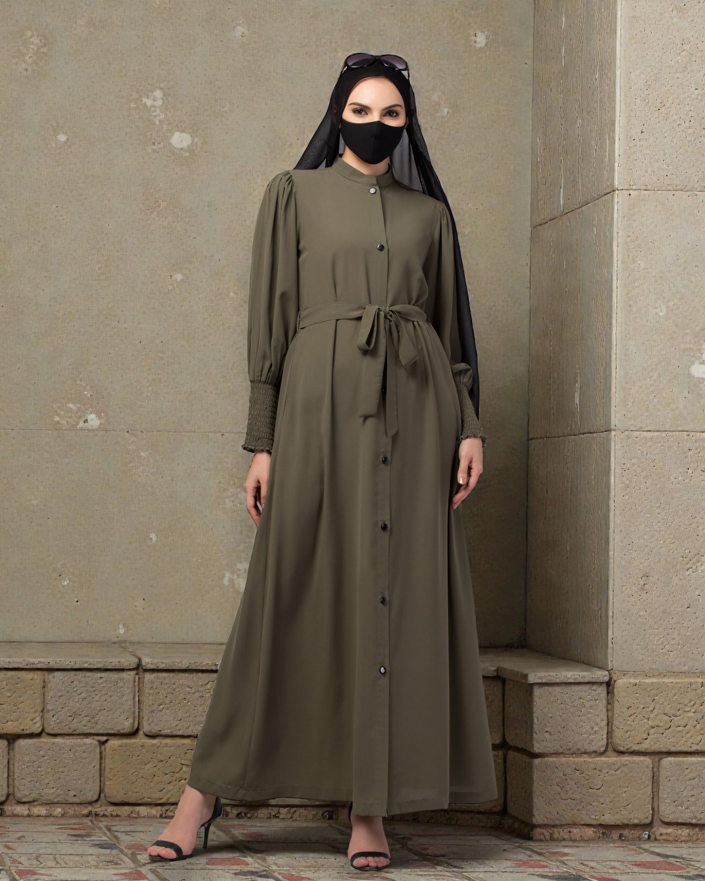 "Designer Front Open Abaya: Firdaus Fabric with Puffy Shoulders and Mandarin Collar"