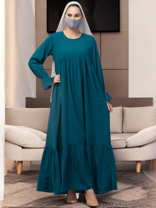 Multi Layered Abaya Dress With Belt & Elasticated Bell Sleeves