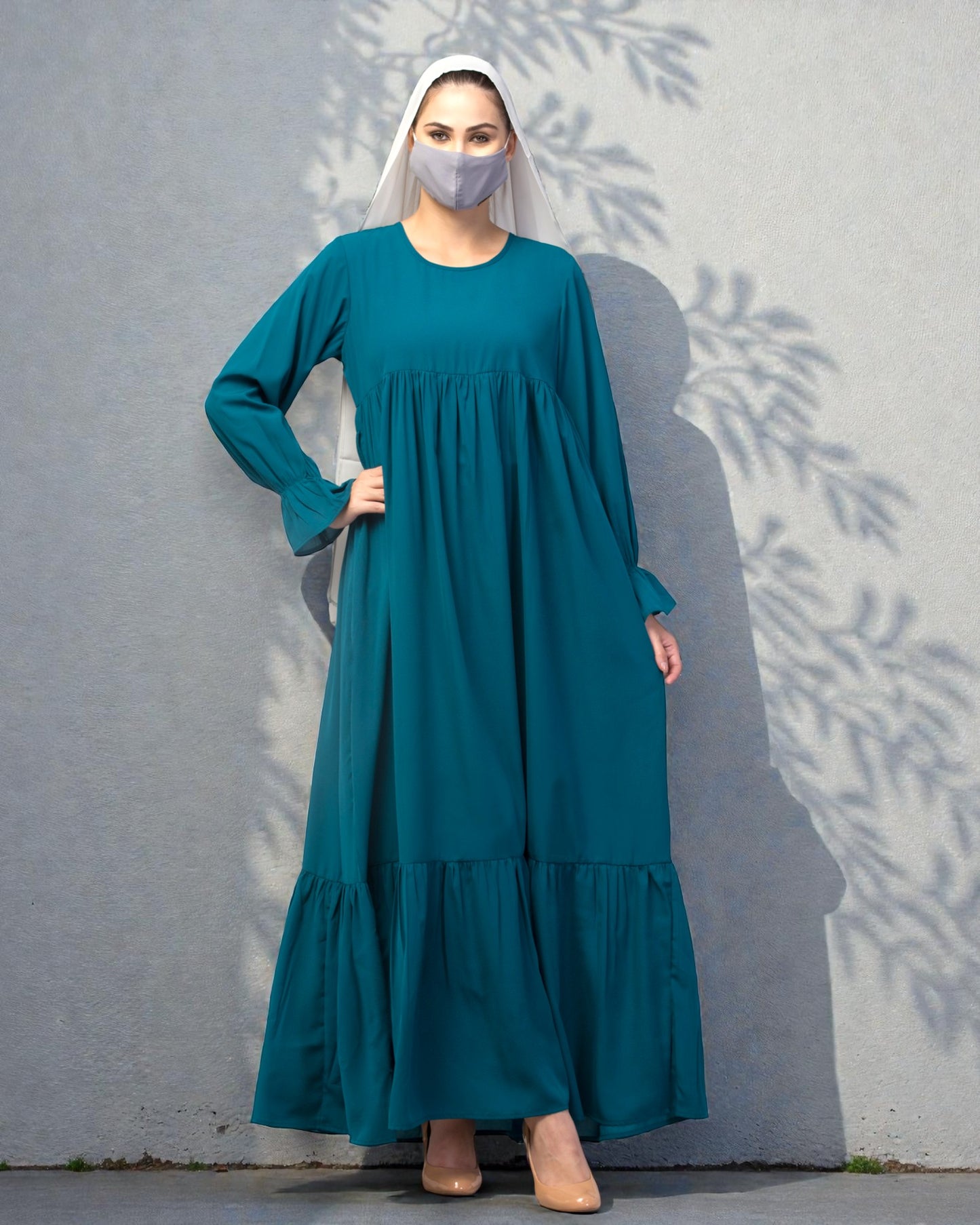 Multi Layered Maxi Dress With Belt & Elasticated Bell Sleeves