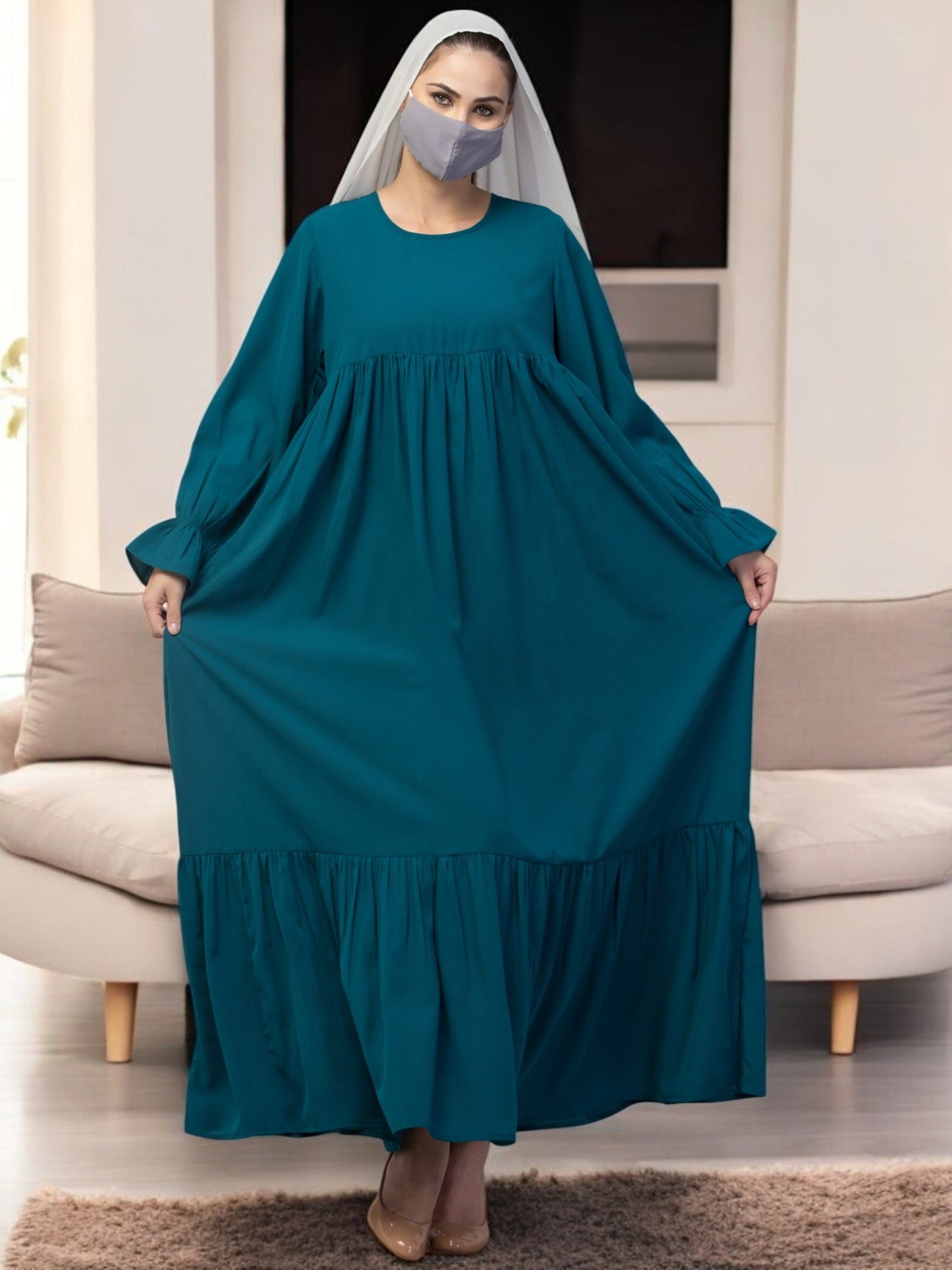 Multi Layered Abaya Dress With Belt & Elasticated Bell Sleeves