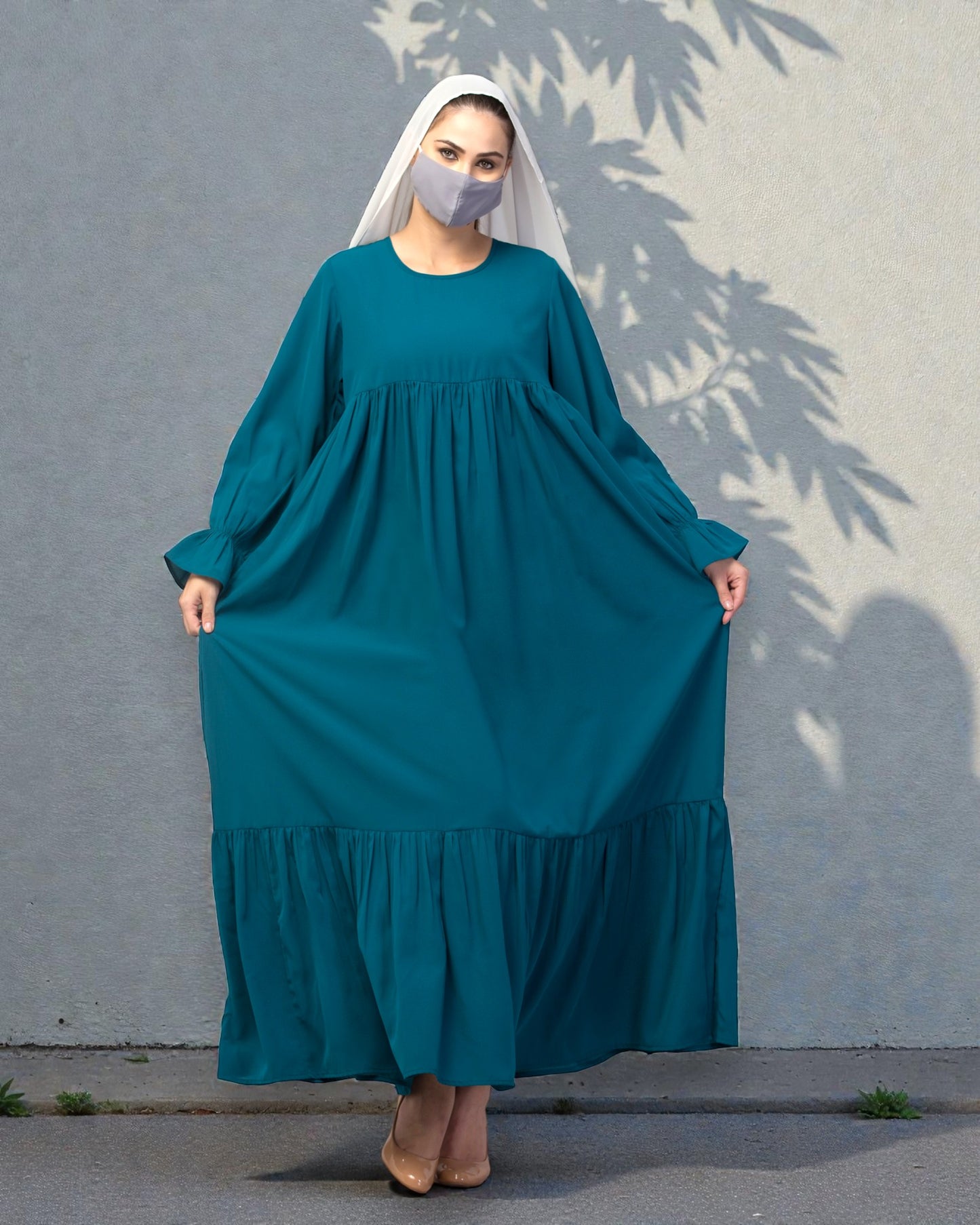 Multi Layered Maxi Dress With Belt & Elasticated Bell Sleeves