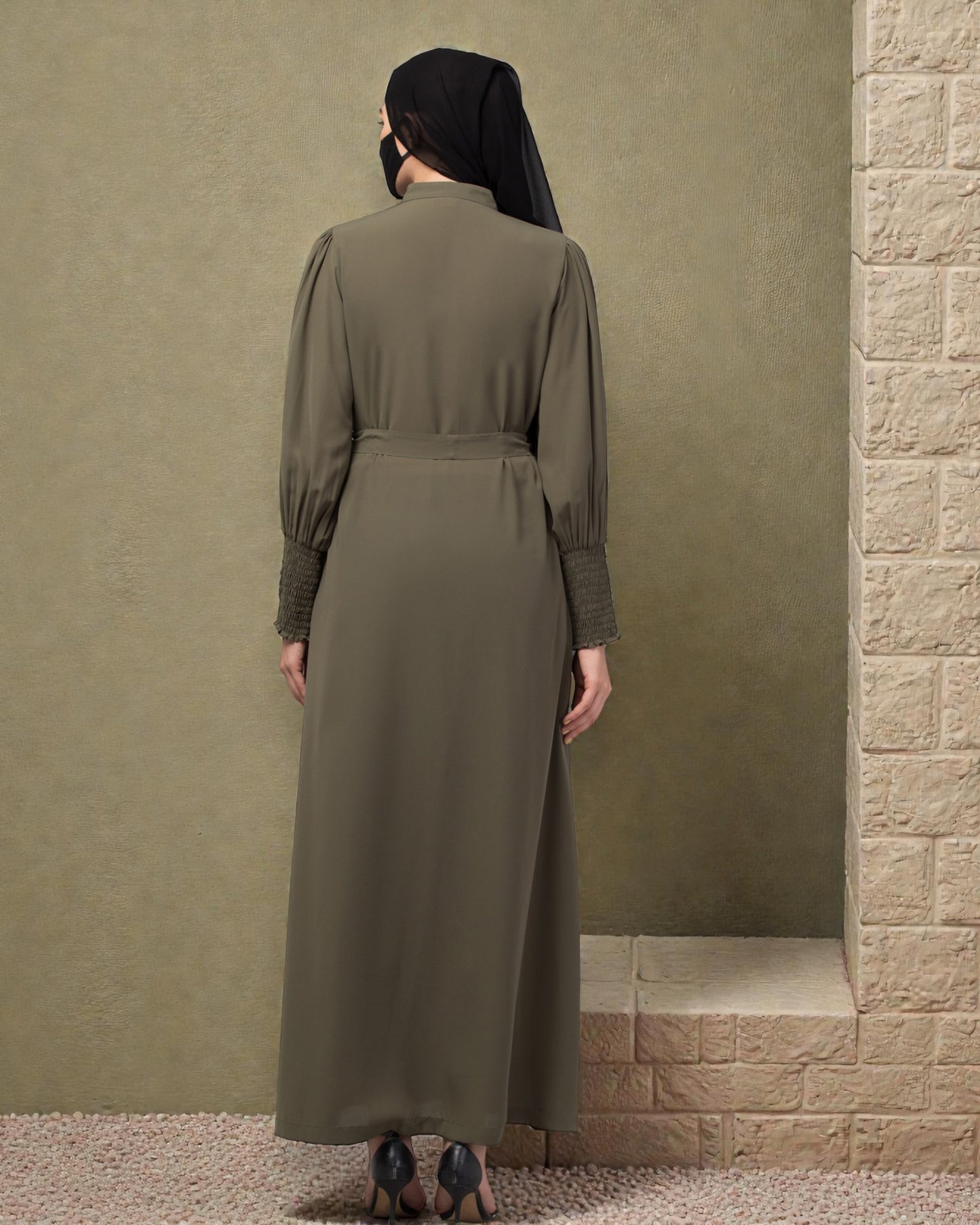 "Designer Front Open Abaya: Firdaus Fabric with Puffy Shoulders and Mandarin Collar"