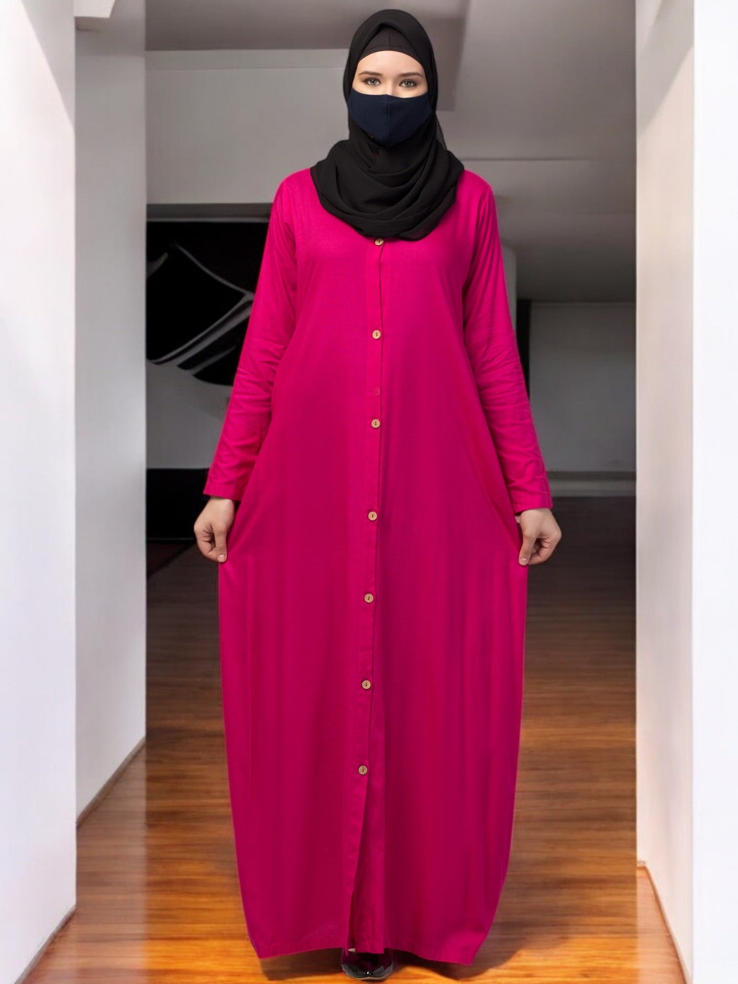 Elegant Front Open Abaya Dress with Wooden Button