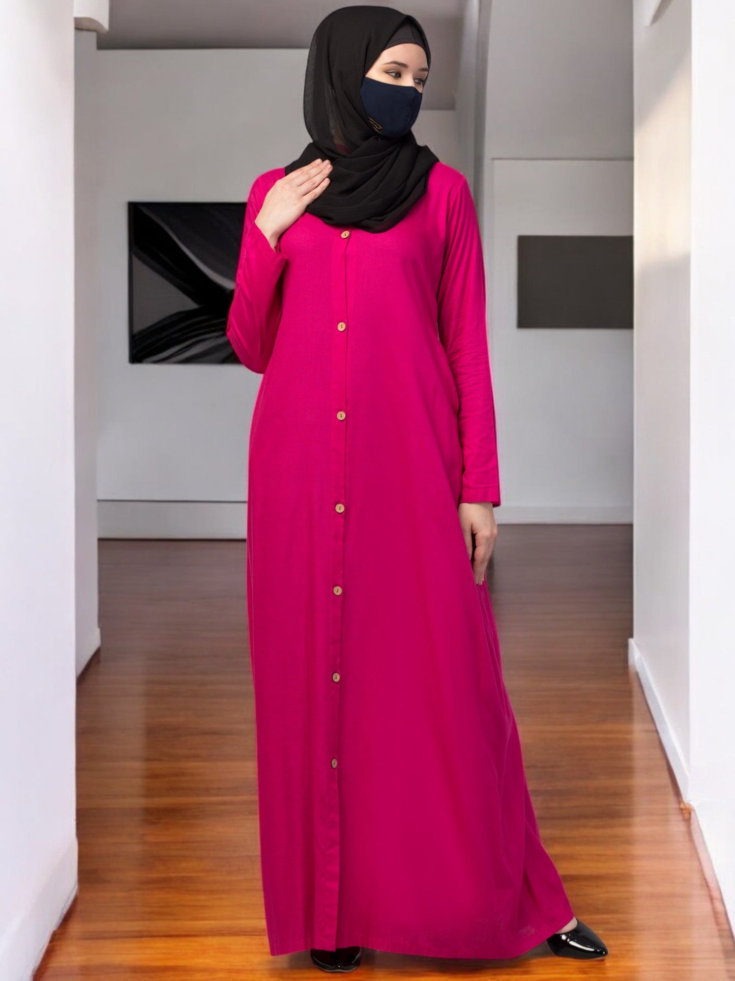 Elegant Front Open Abaya Dress with Wooden Button