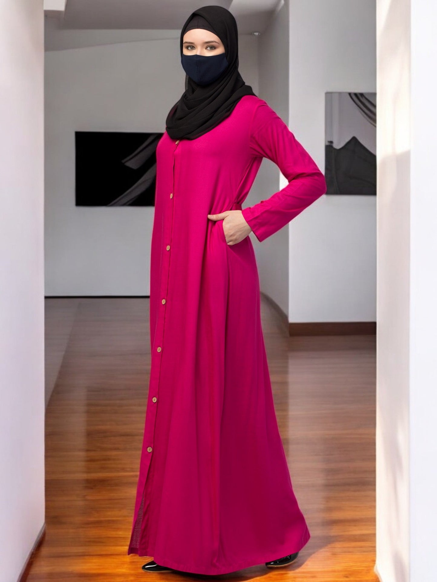 Elegant Front Open Abaya Dress with Wooden Button