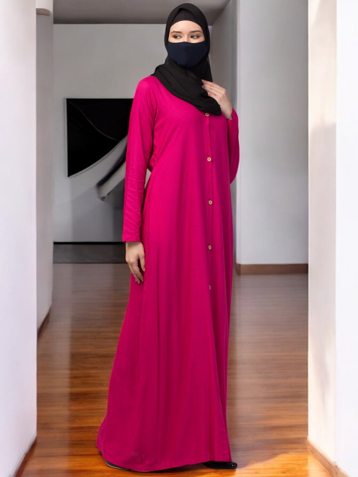 Elegant Front Open Abaya Dress with Wooden Button