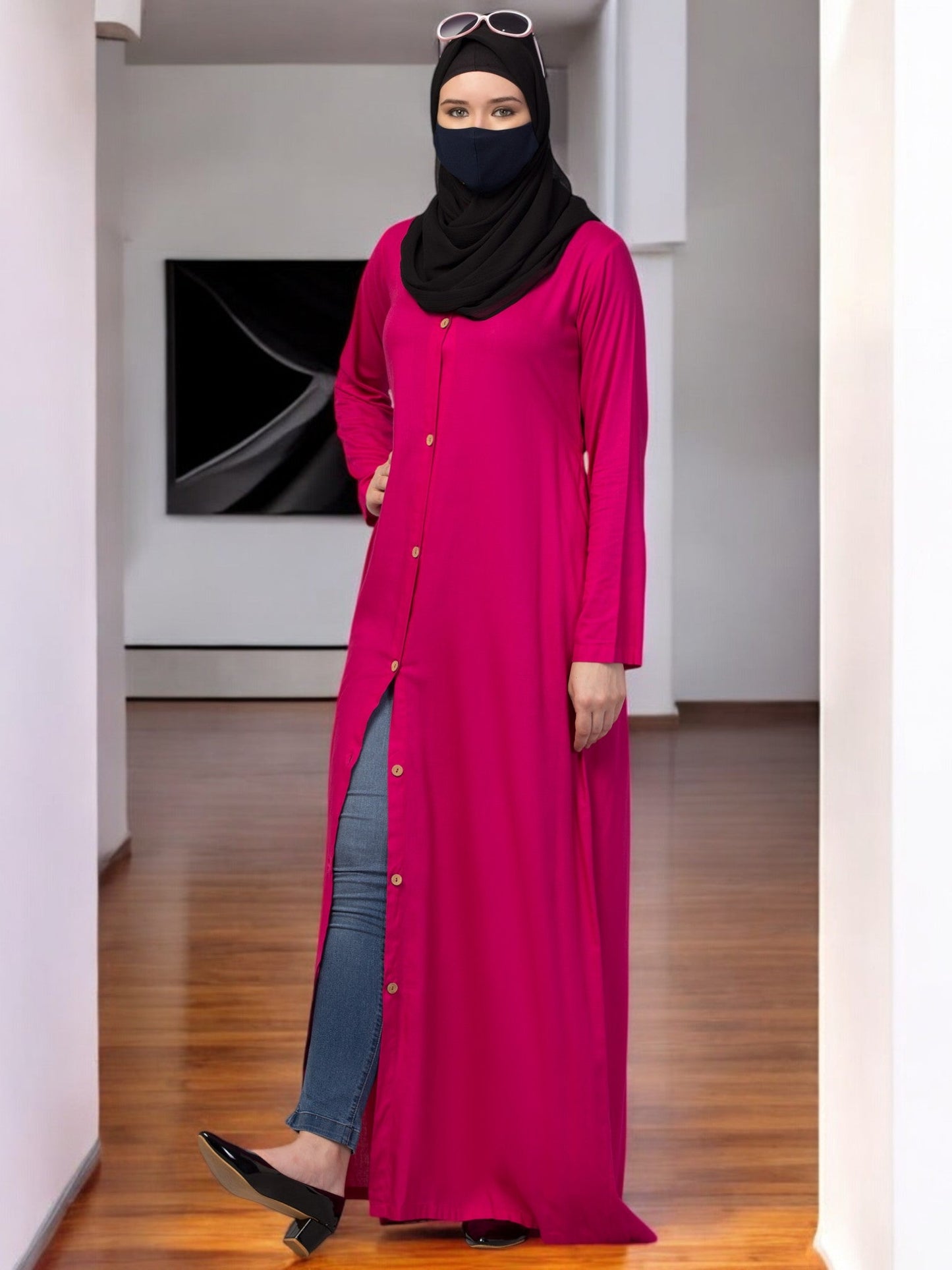 Elegant Front Open Abaya Dress with Wooden Button