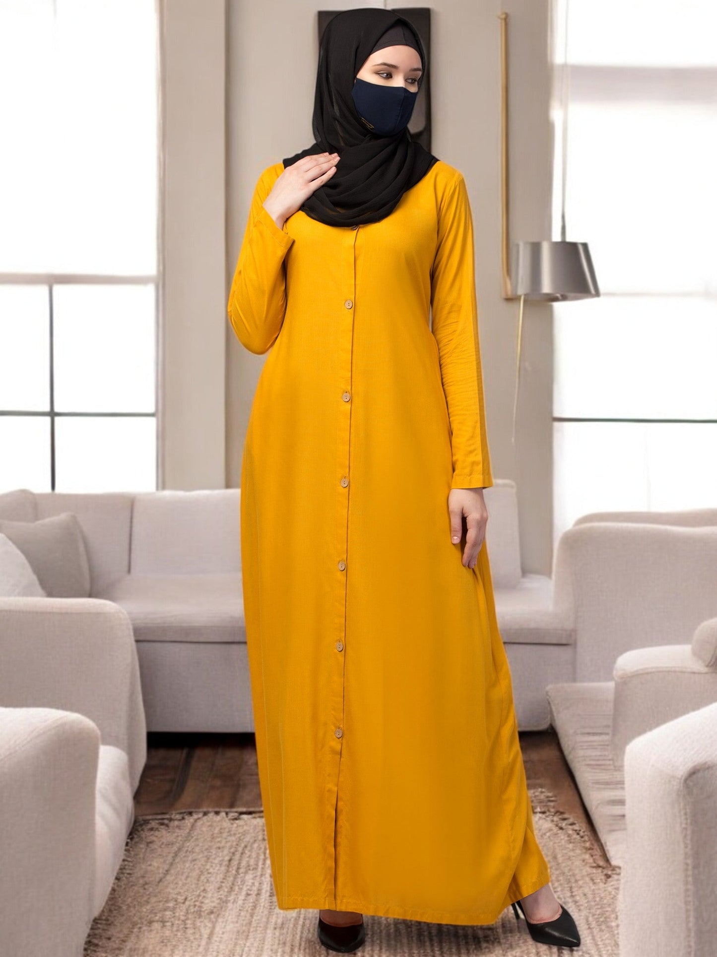 Elegant Front Open Abaya Dress with Wooden Button