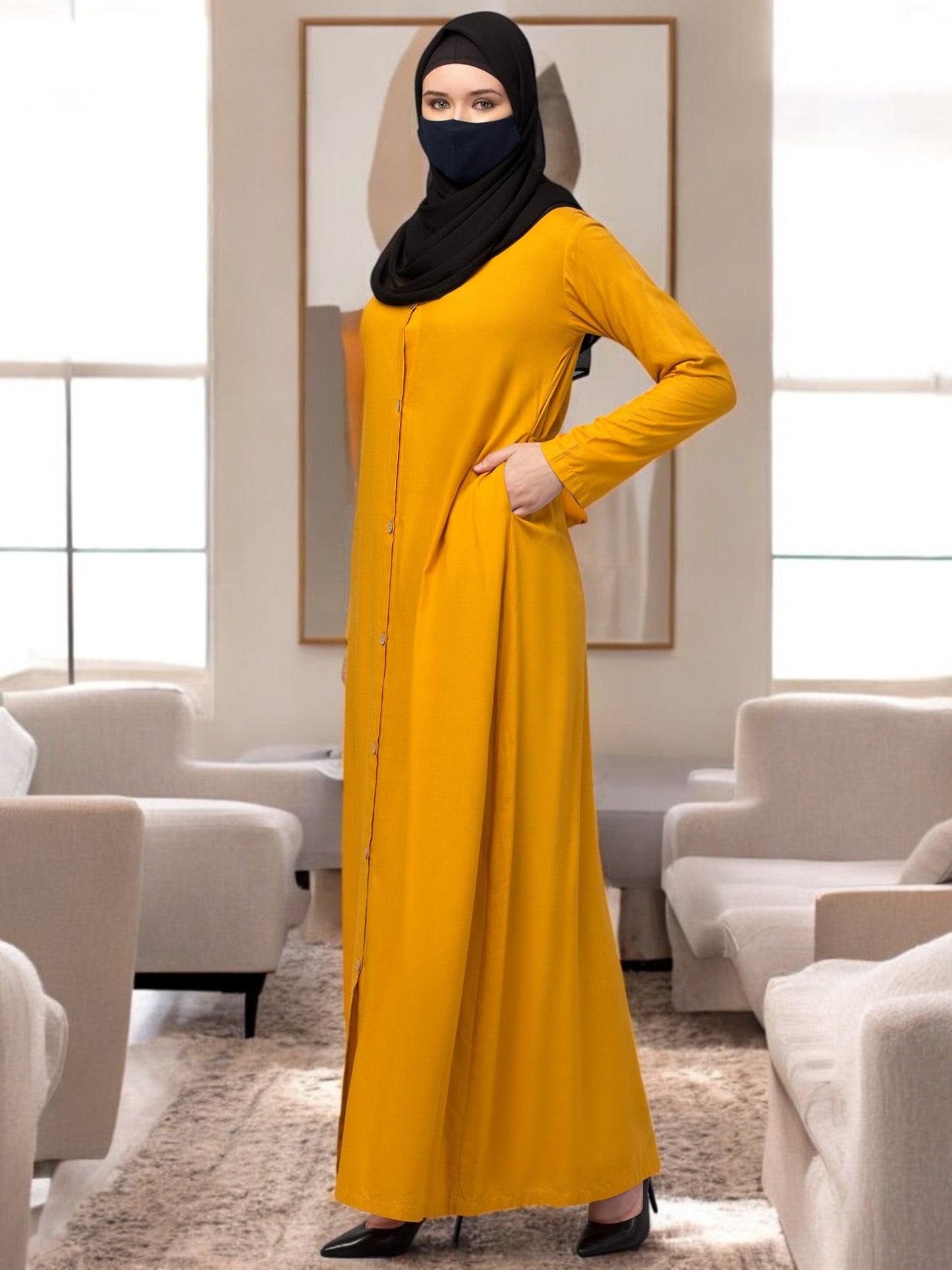 Elegant Front Open Abaya Dress with Wooden Button