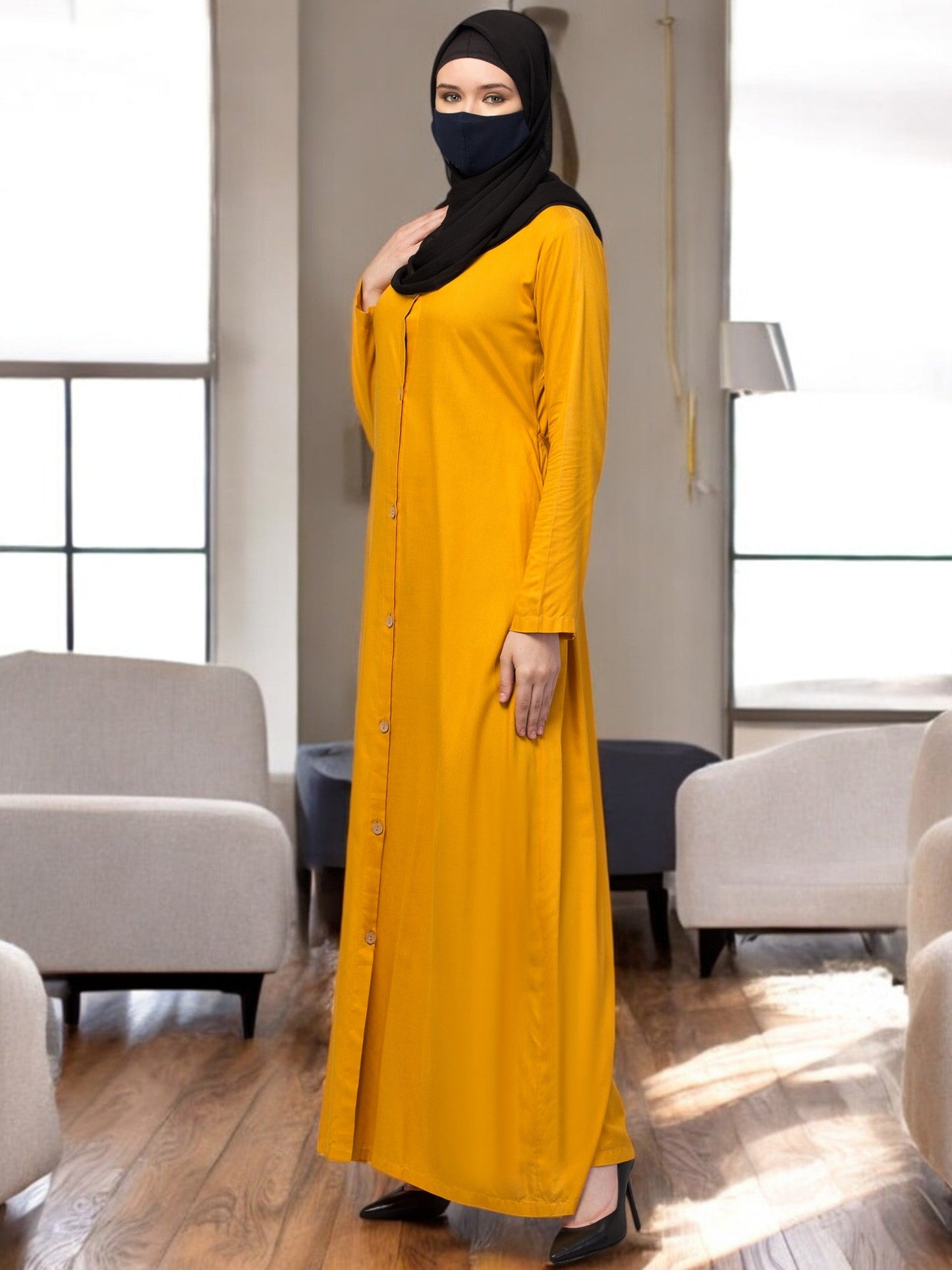 Elegant Front Open Abaya Dress with Wooden Button