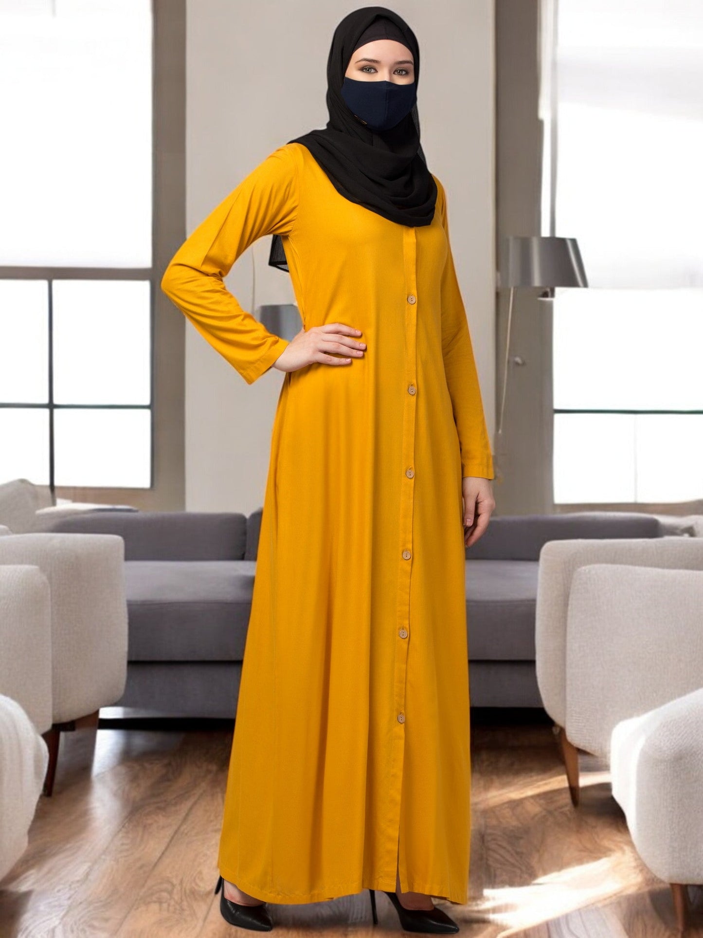 Elegant Front Open Abaya Dress with Wooden Button