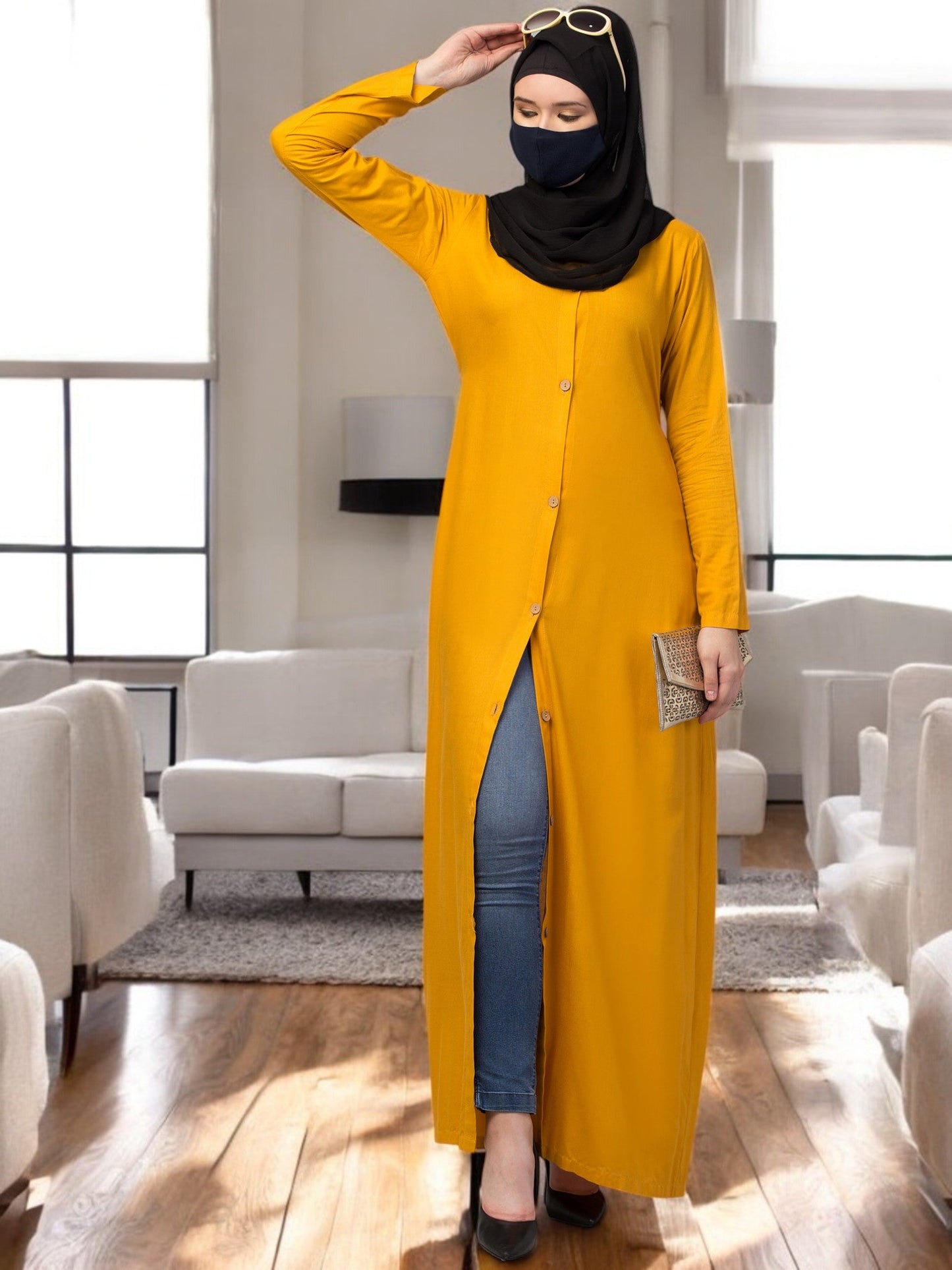 Elegant Front Open Abaya Dress with Wooden Button
