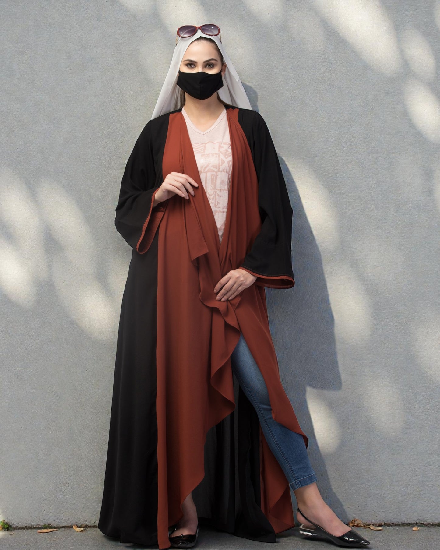 Open Abaya Like Dress With Falling Shrug Line Panels