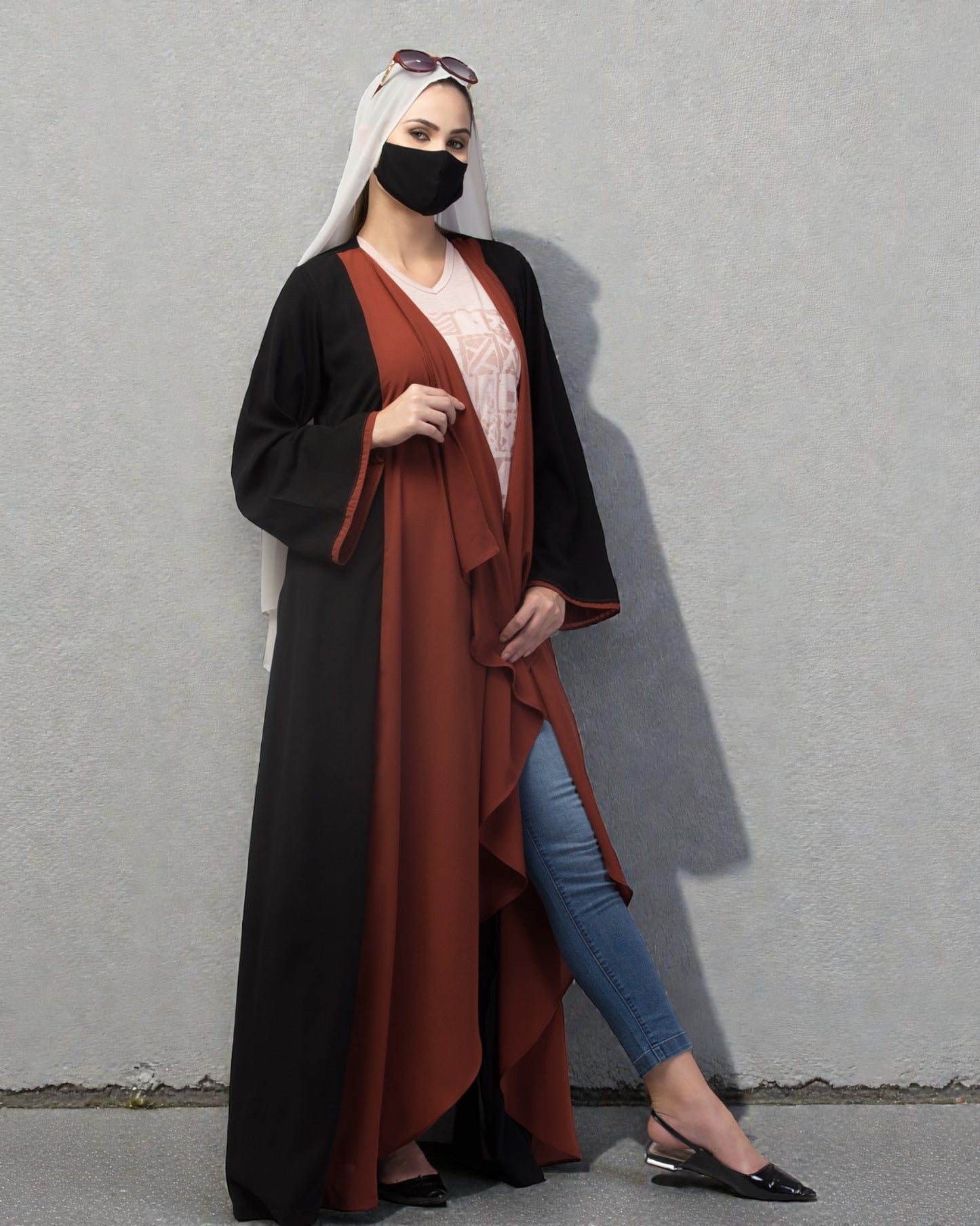 Open Abaya Like Dress With Falling Shrug Line Panels