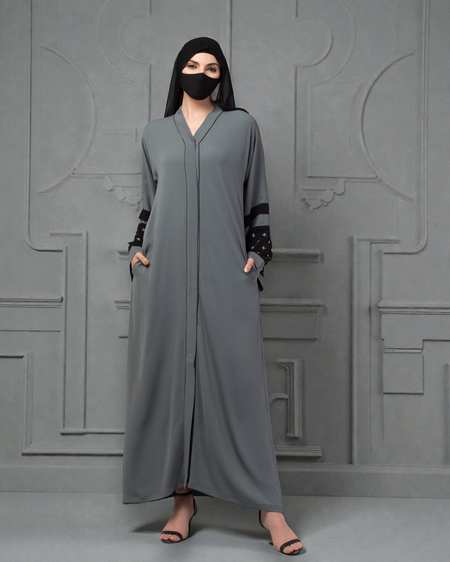 "Nida Satin Front Open Abaya: Handwork Embellishments on Kimono Sleeves, Matching Stole"