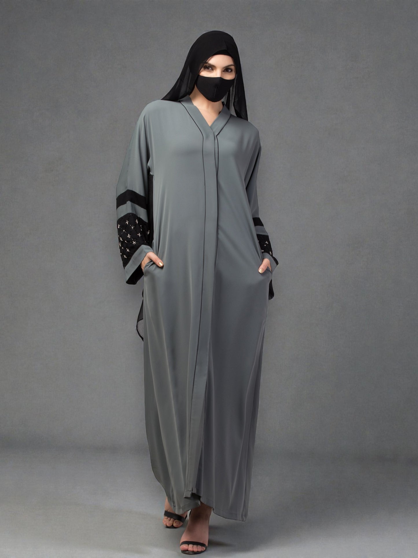 "Nida Satin Front Open Abaya: Handwork Embellishments on Kimono Sleeves, Matching Stole"