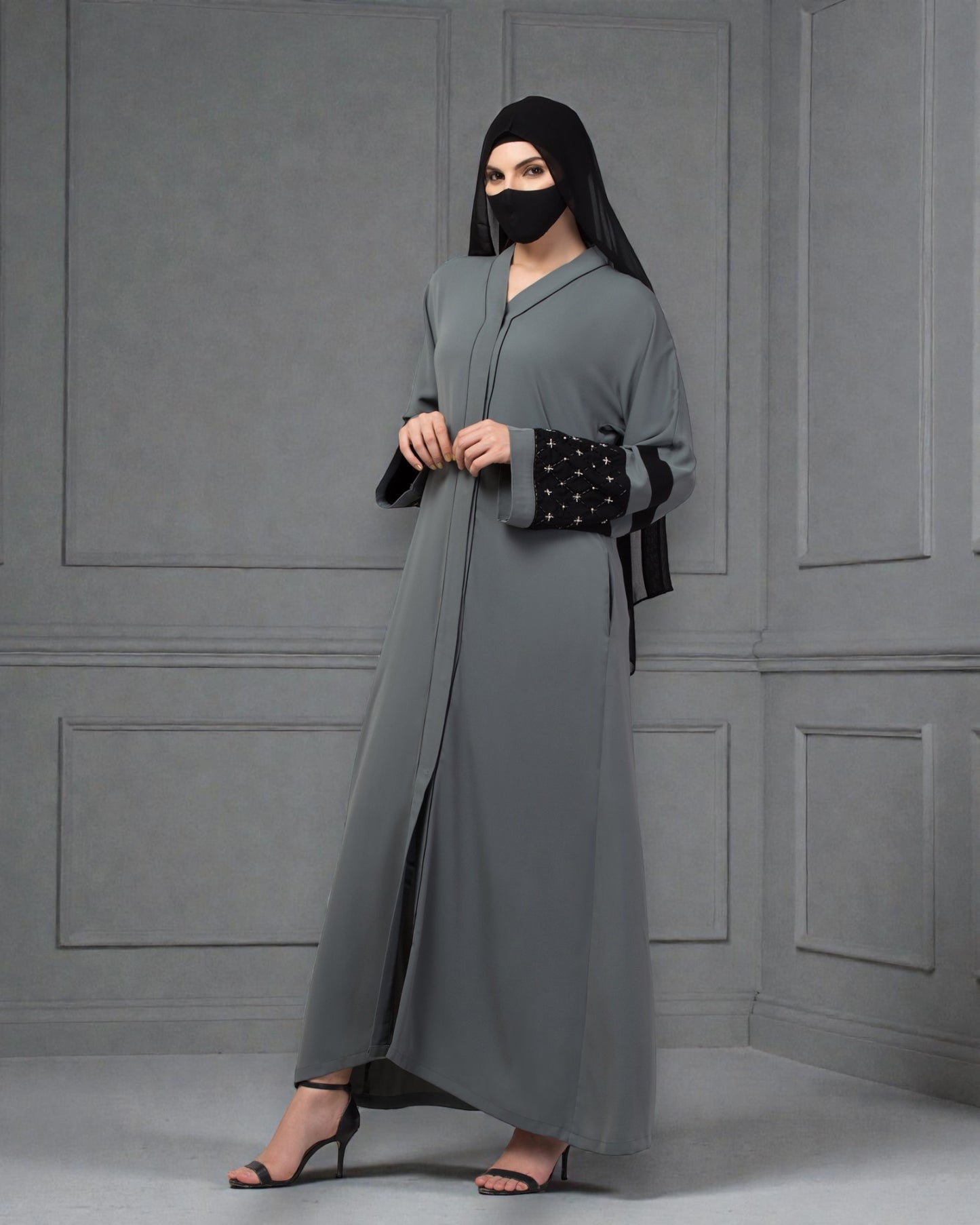 "Nida Satin Front Open Abaya: Handwork Embellishments on Kimono Sleeves, Matching Stole"
