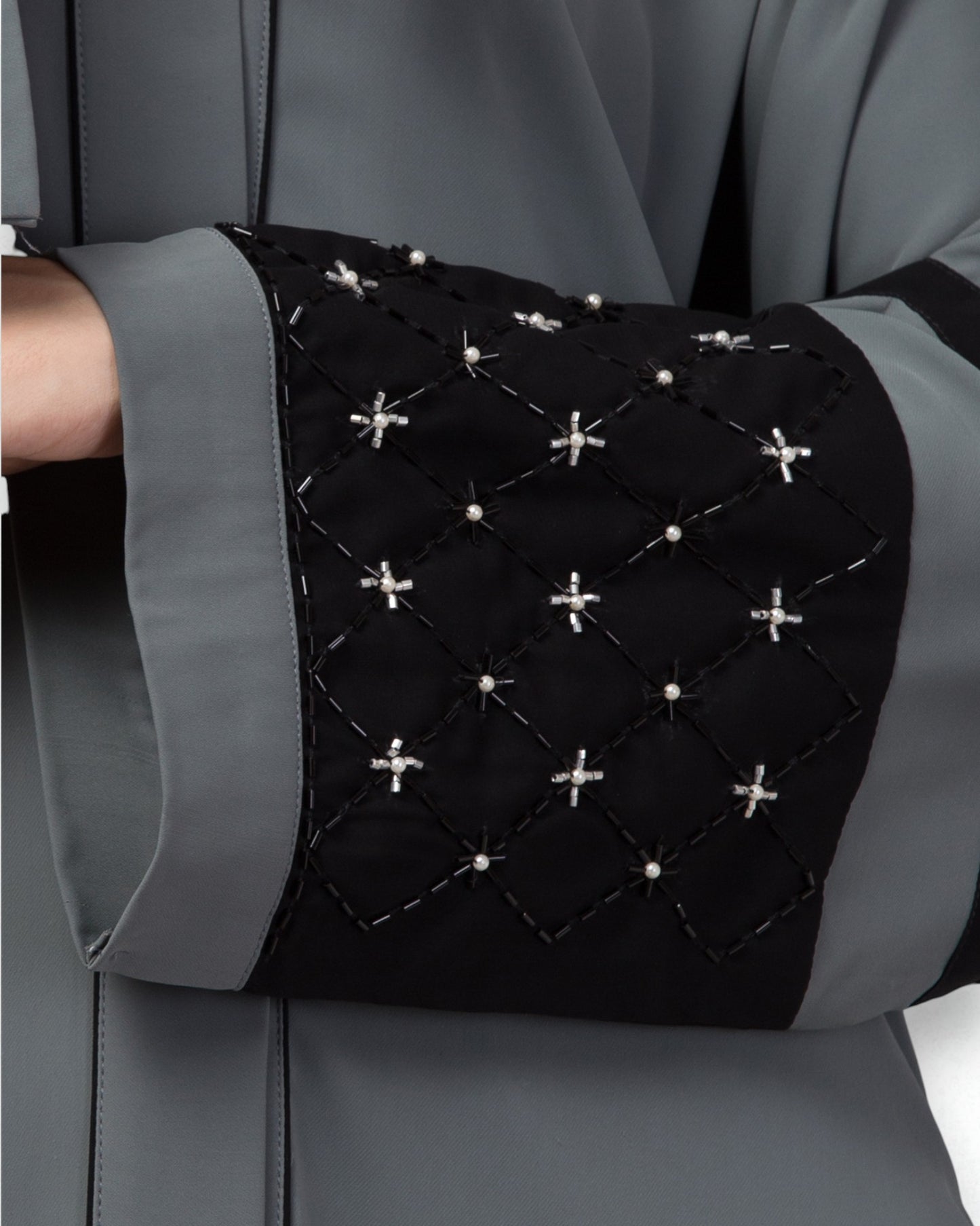 "Nida Satin Front Open Abaya: Handwork Embellishments on Kimono Sleeves, Matching Stole"