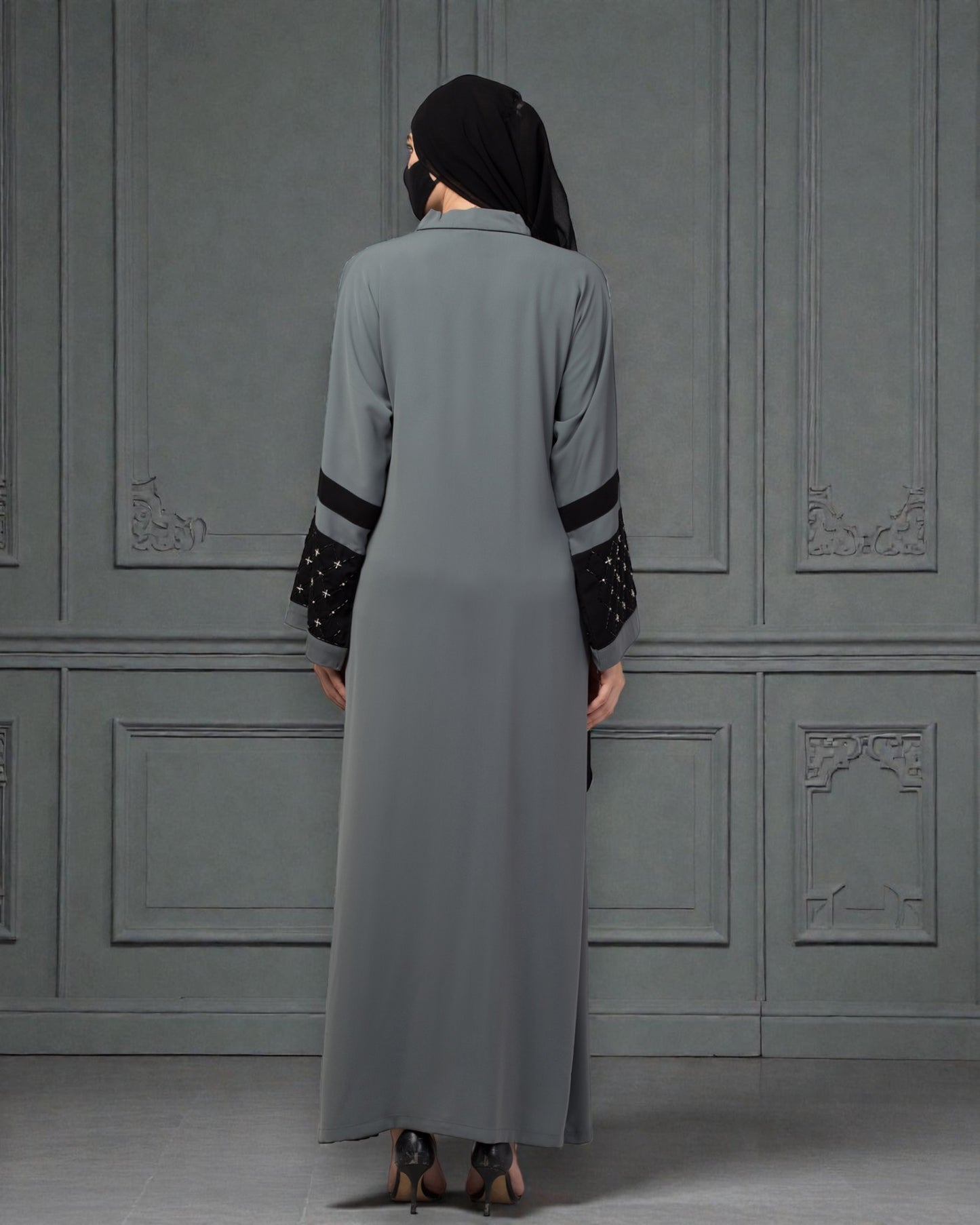 "Nida Satin Front Open Abaya: Handwork Embellishments on Kimono Sleeves, Matching Stole"