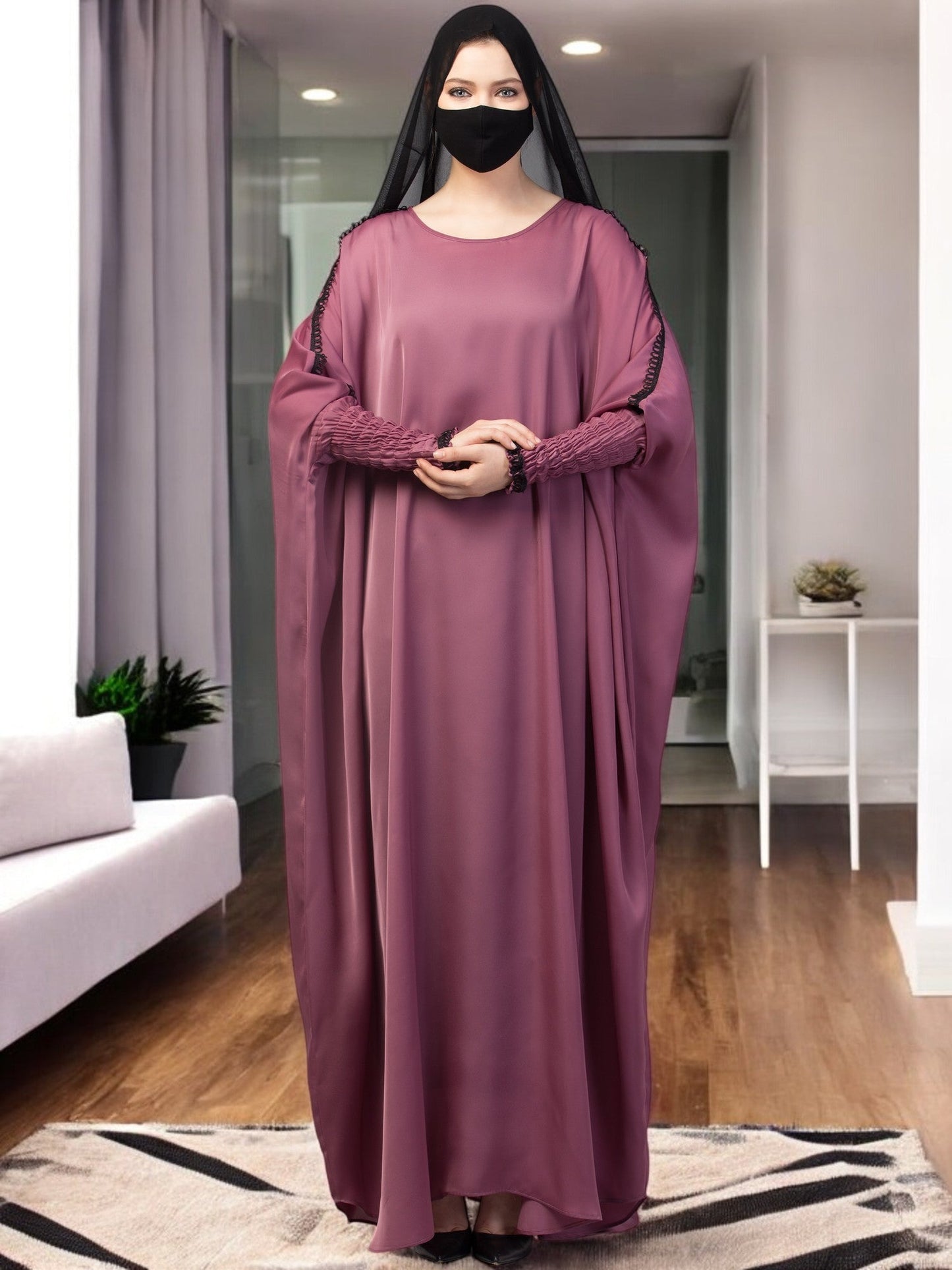 Free Size kaftan Abaya with long elasticated sleeves.