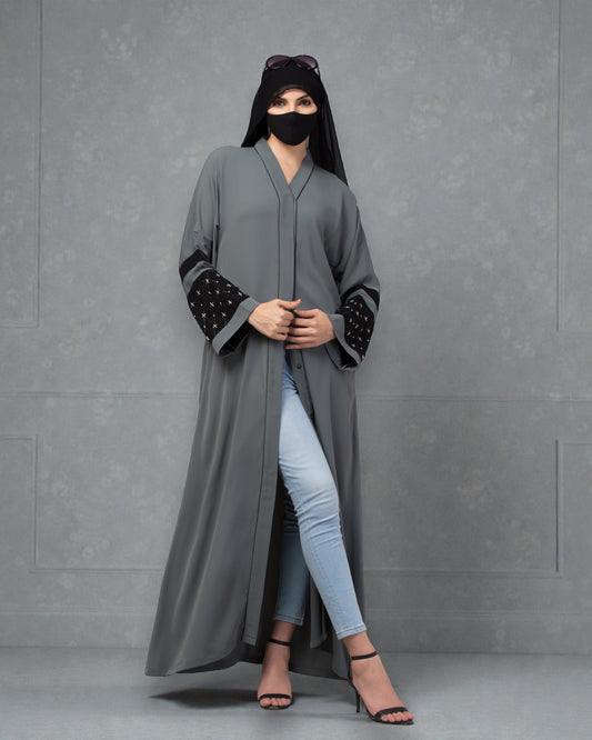 "Nida Satin Front Open Abaya: Handwork Embellishments on Kimono Sleeves, Matching Stole"