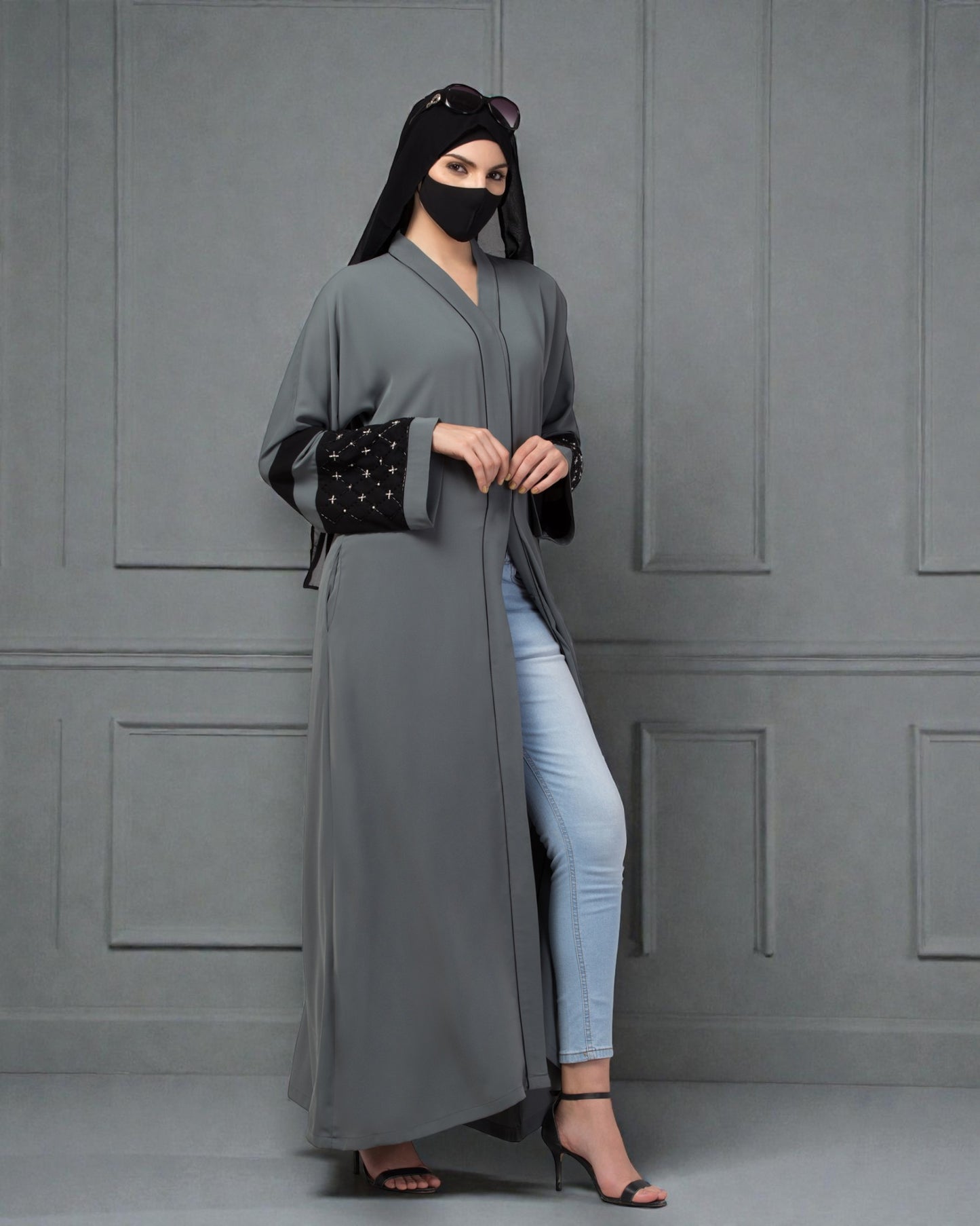 "Nida Satin Front Open Abaya: Handwork Embellishments on Kimono Sleeves, Matching Stole"