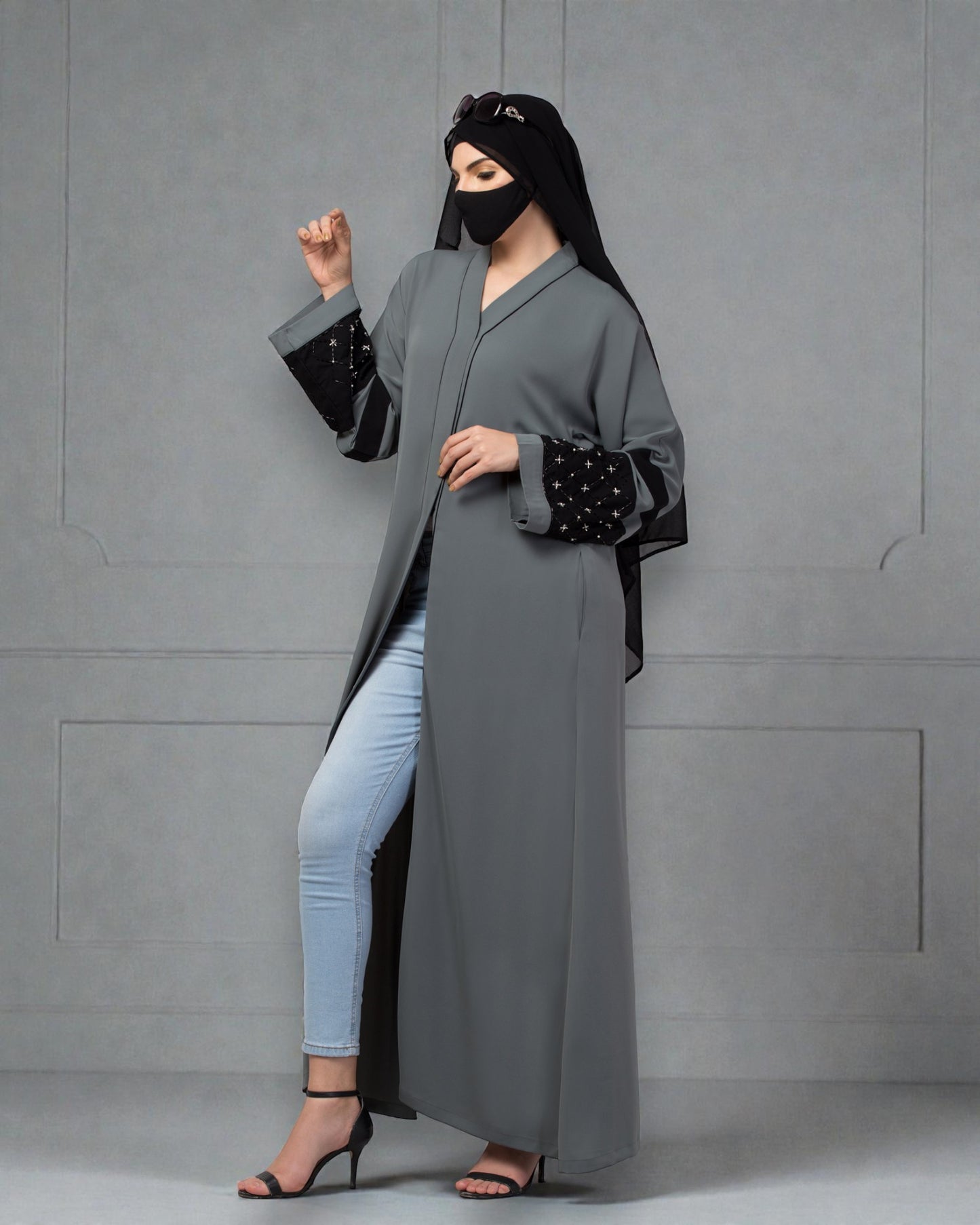 "Nida Satin Front Open Abaya: Handwork Embellishments on Kimono Sleeves, Matching Stole"