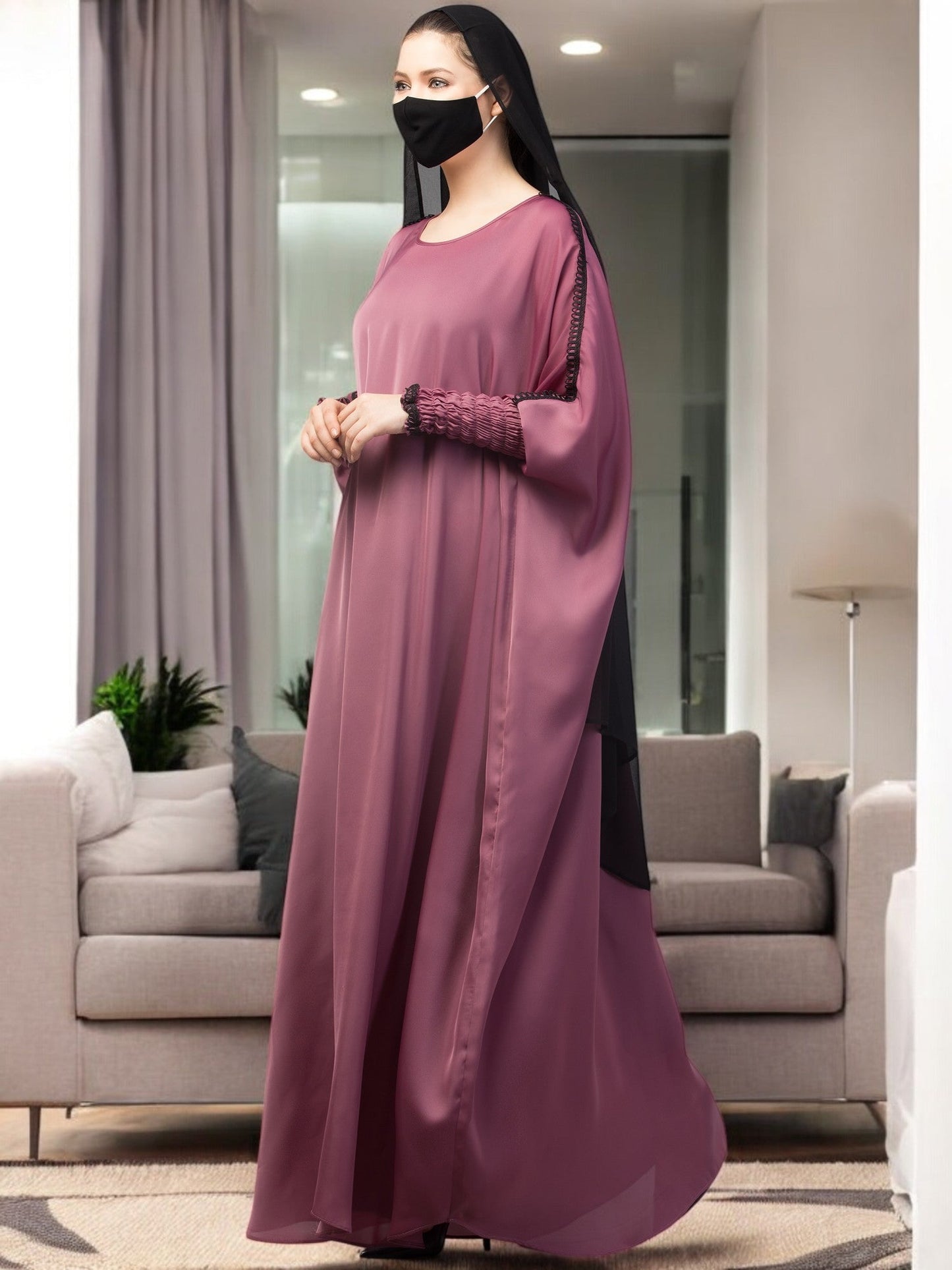 Free Size kaftan Abaya with long elasticated sleeves.