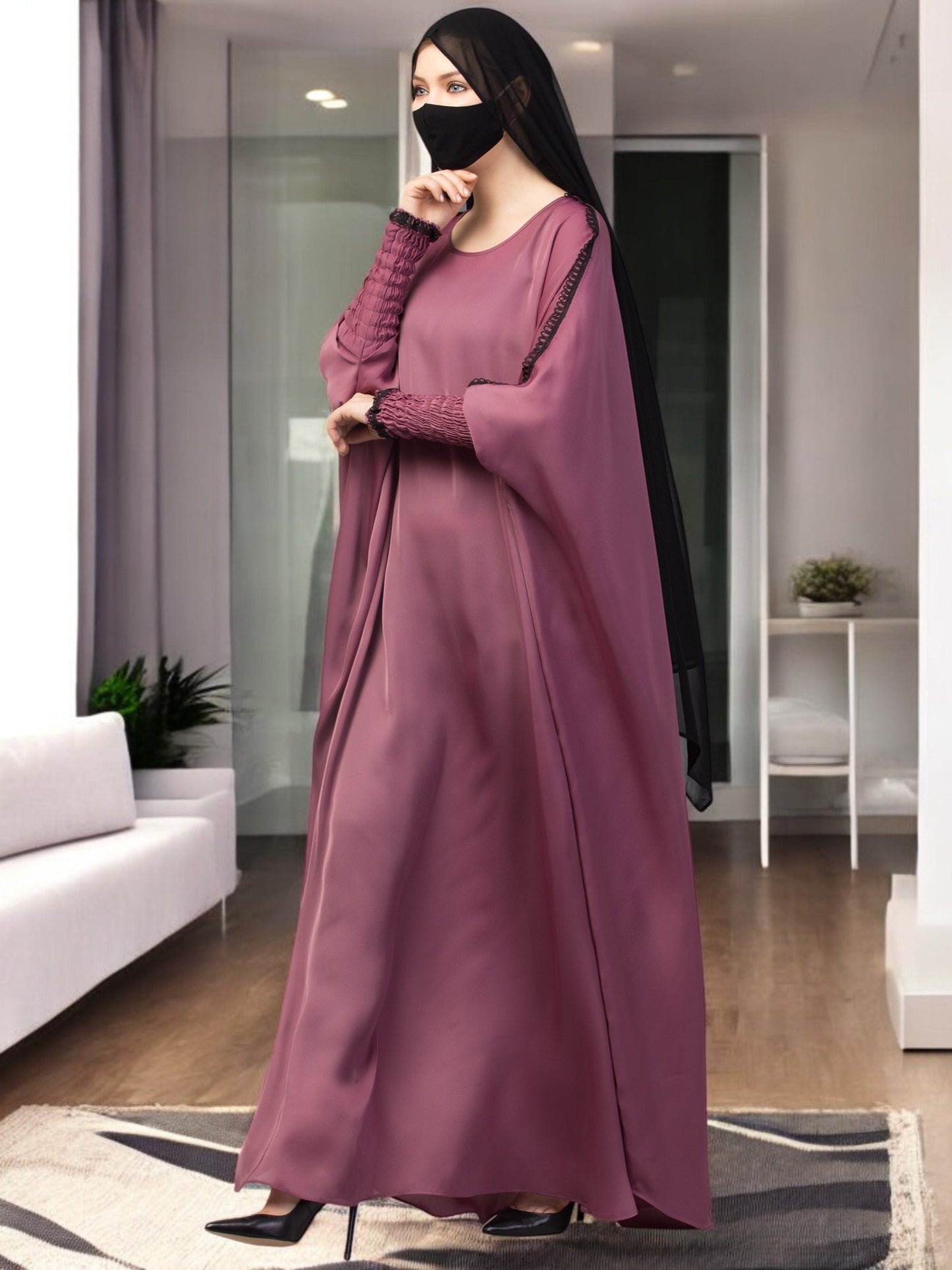 Free Size kaftan Abaya with long elasticated sleeves.