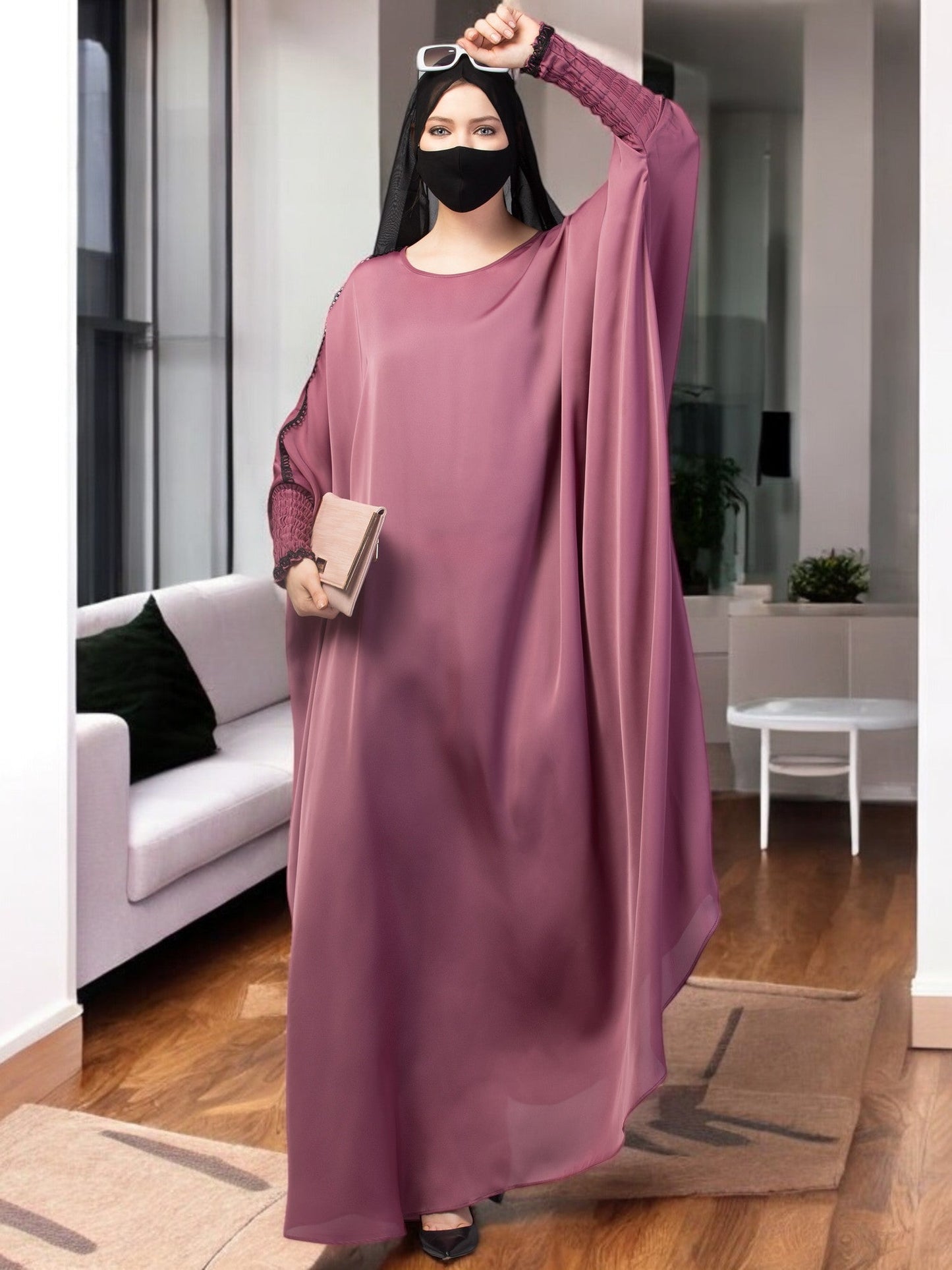 Free Size kaftan Abaya with long elasticated sleeves.